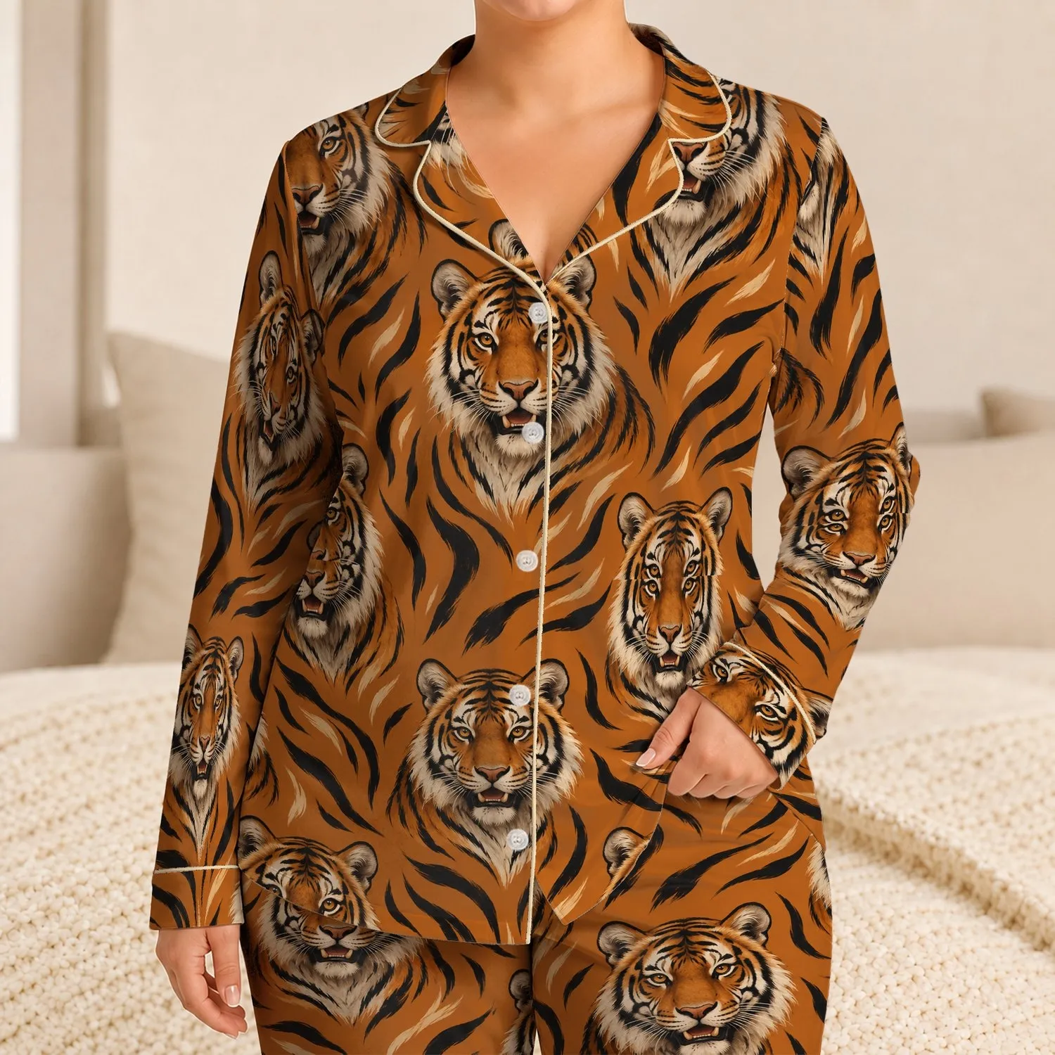Majestic Tiger Faces in Amber Jungle Tones for Bold Coastal Getaways and Relaxed Lounging Satin Pajamas Set - 1