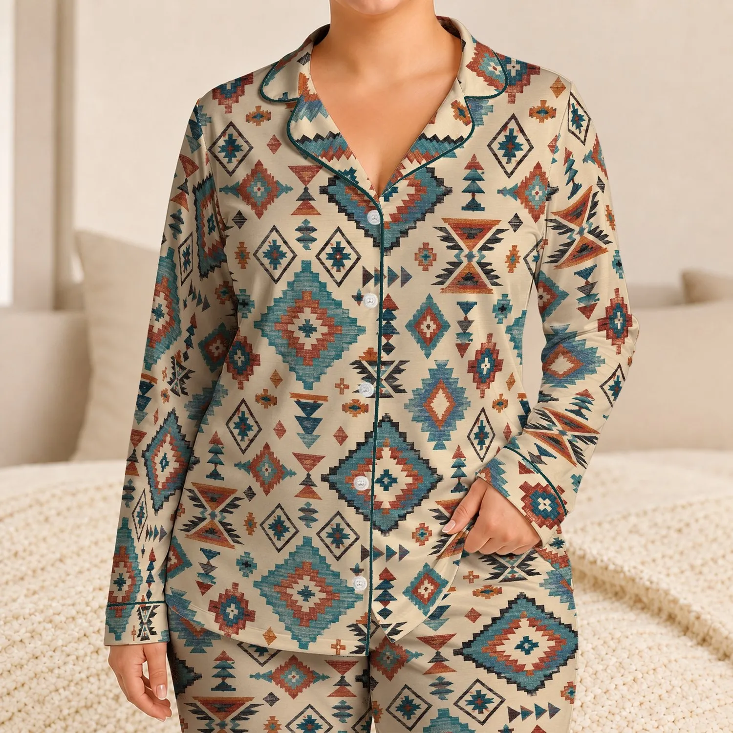 Southwest Turquoise Terracotta Geometrics for Relaxed Coastal Summer Days and Getaways Satin Pajamas Set - 1