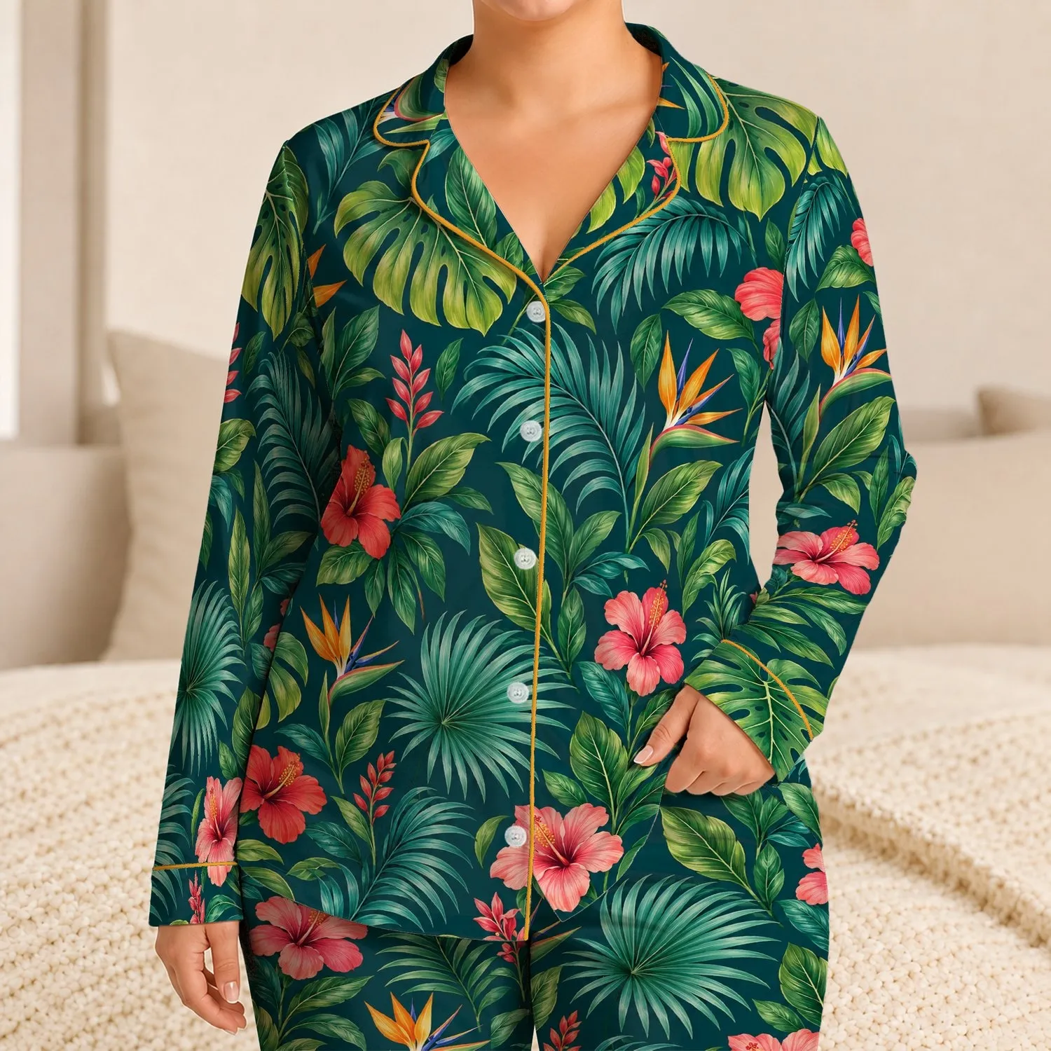 Tropical Palm Leaves And Hibiscus For Relaxed Summer Getaways Satin Pajamas Set - 1