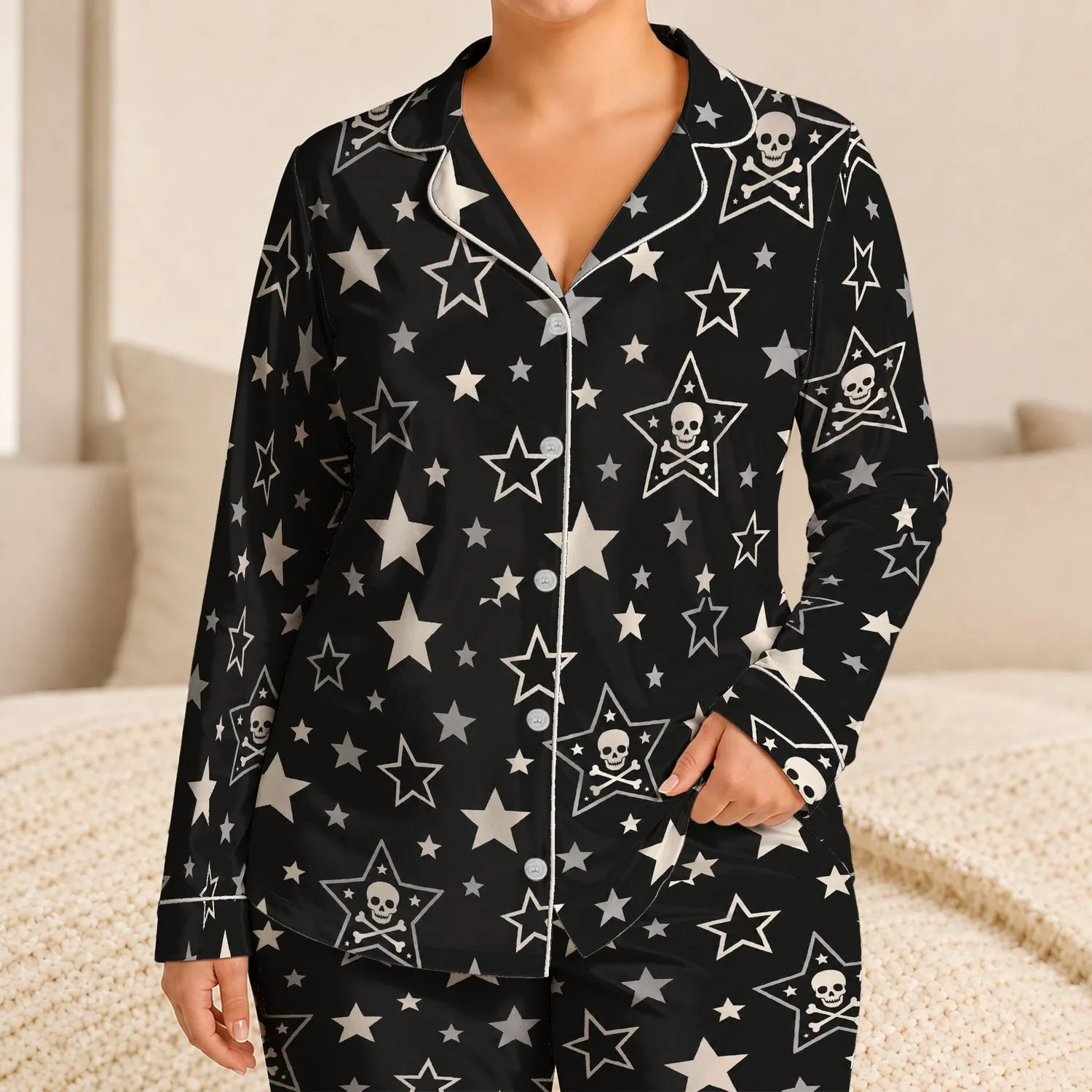 Monochrome Skull and Star Motifs for Cozy Nights and Relaxed Weekends, Gothic Gift Satin Pajamas Set - 1