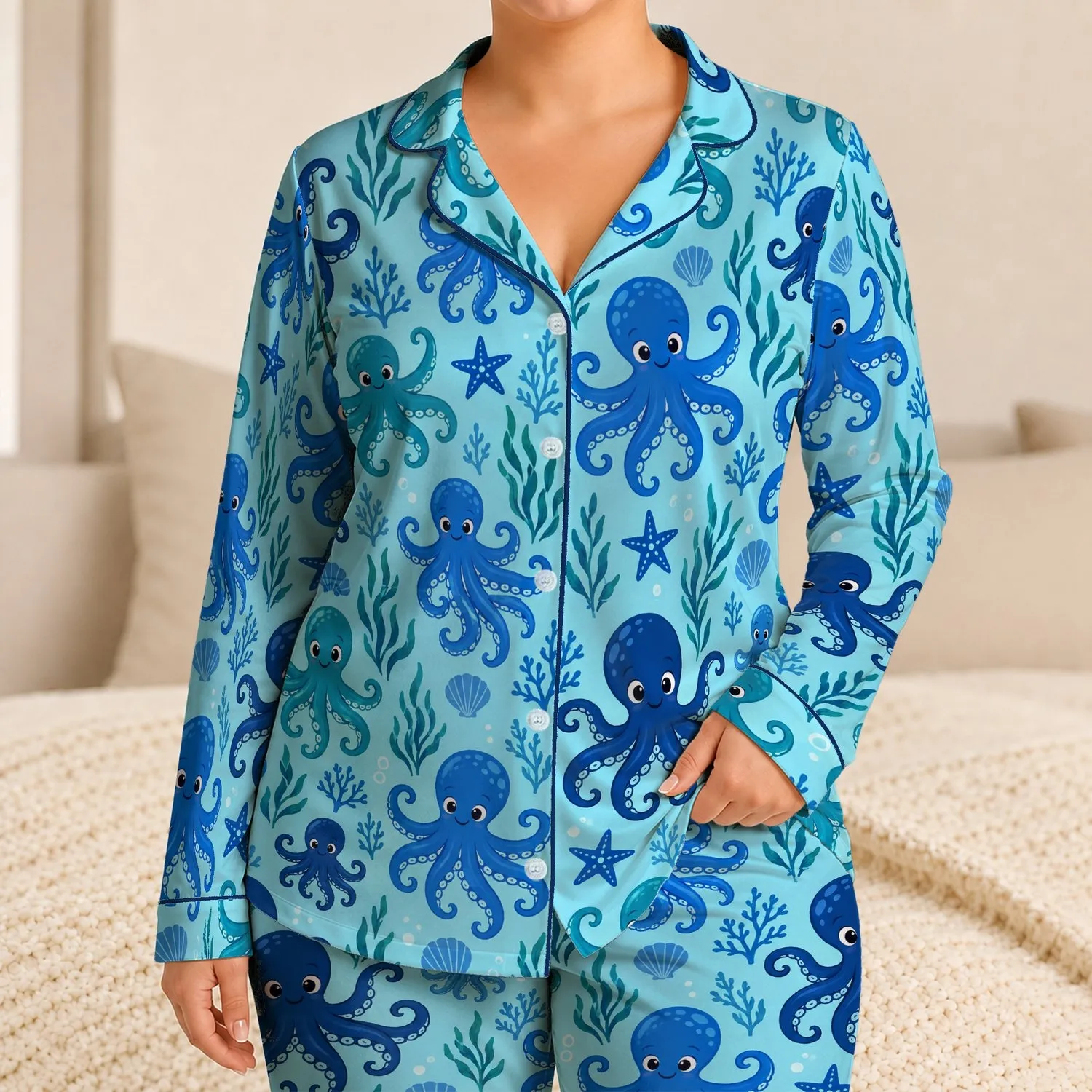 Blue Octopus Ocean Motifs for Relaxed Coastal Getaways and Easy Summer Lounging Satin Pajamas Set - 1
