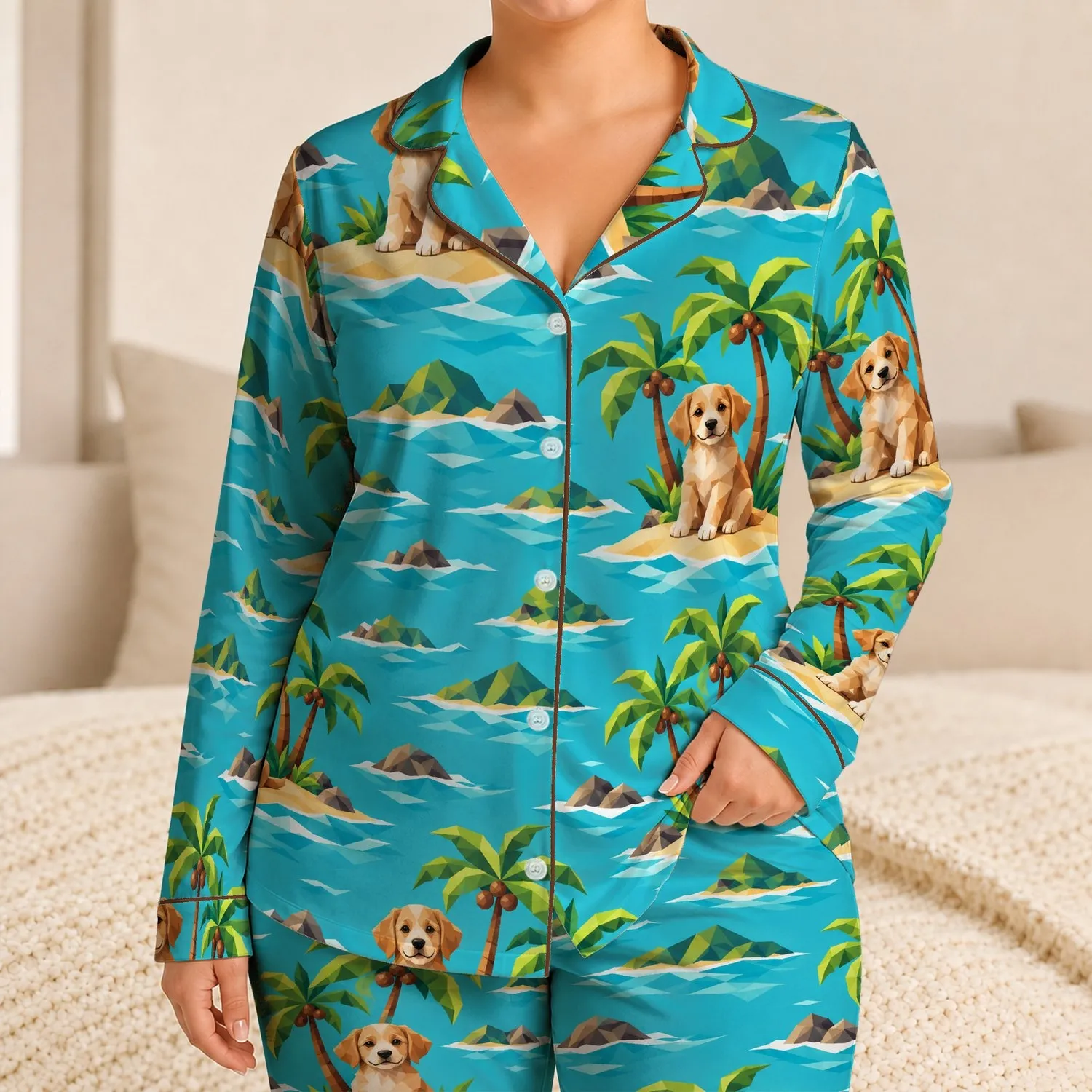 Geometric Puppy Palm Trees for Sunny Beach Days and Coastal Getaways Satin Pajamas Set - 1