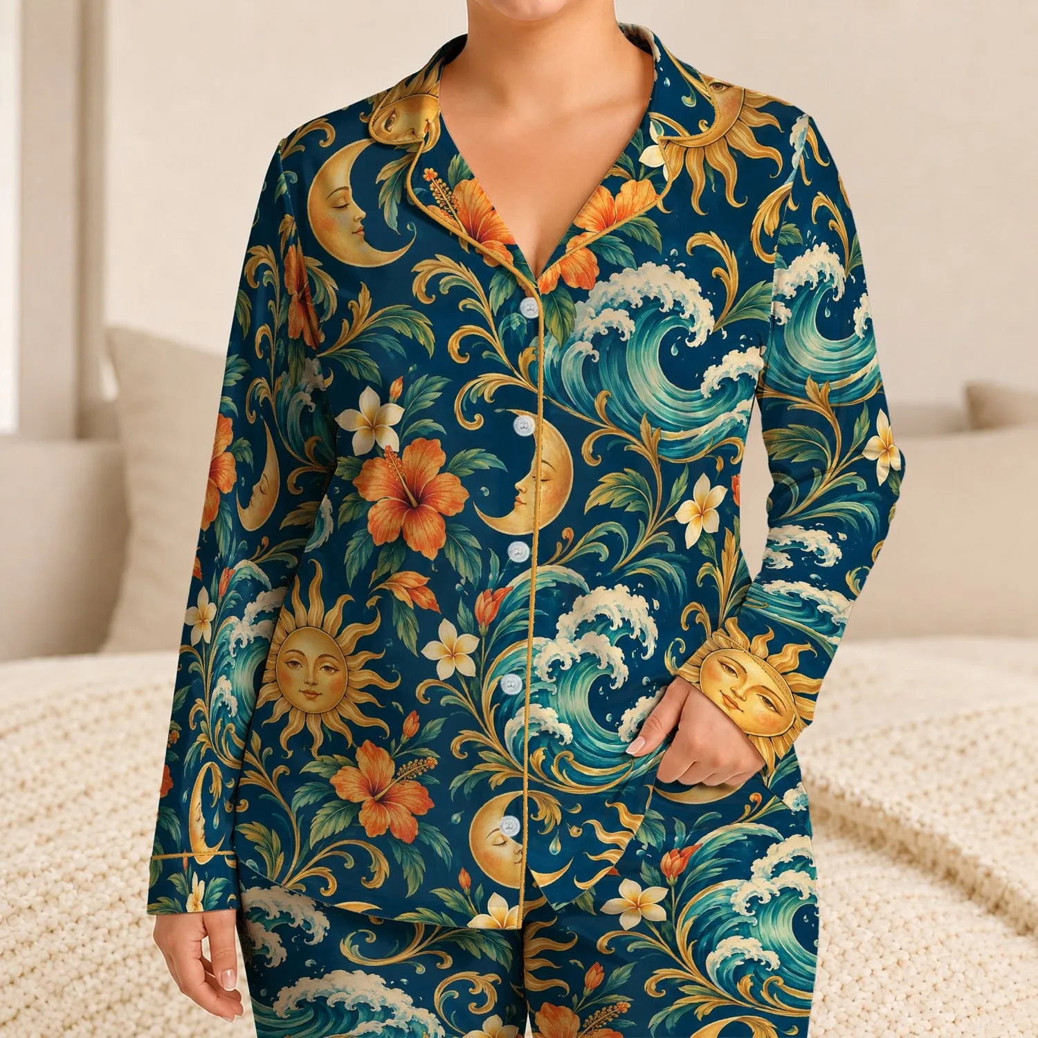 Celestial Sun Moon Ocean Waves and Golden Florals for Relaxed Coastal Summer Getaways Satin Pajamas Set - 1