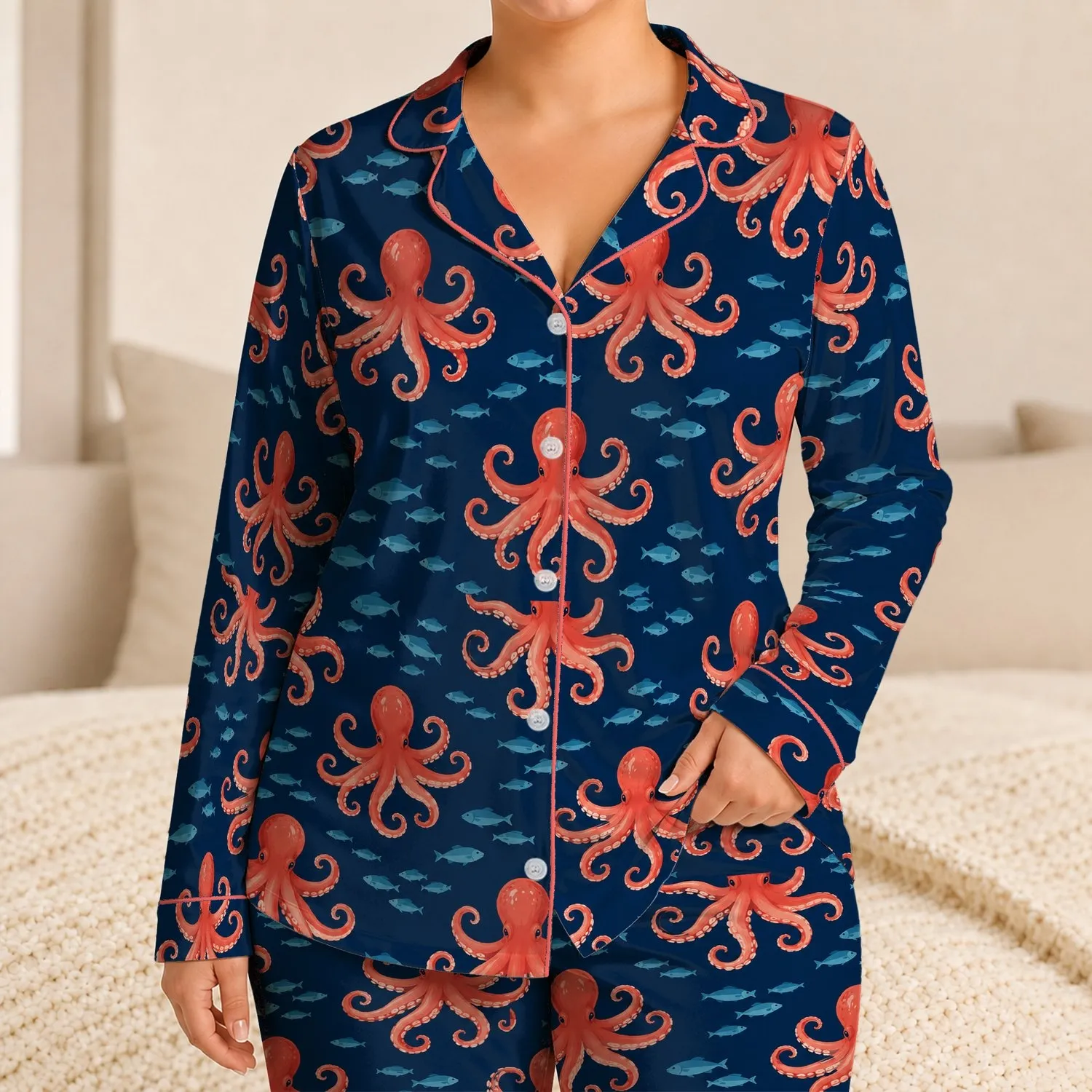 Coral Octopus and Deep Sea Fish for Relaxed Coastal Getaways and Summer Beach Escapes Satin Pajamas Set - 1