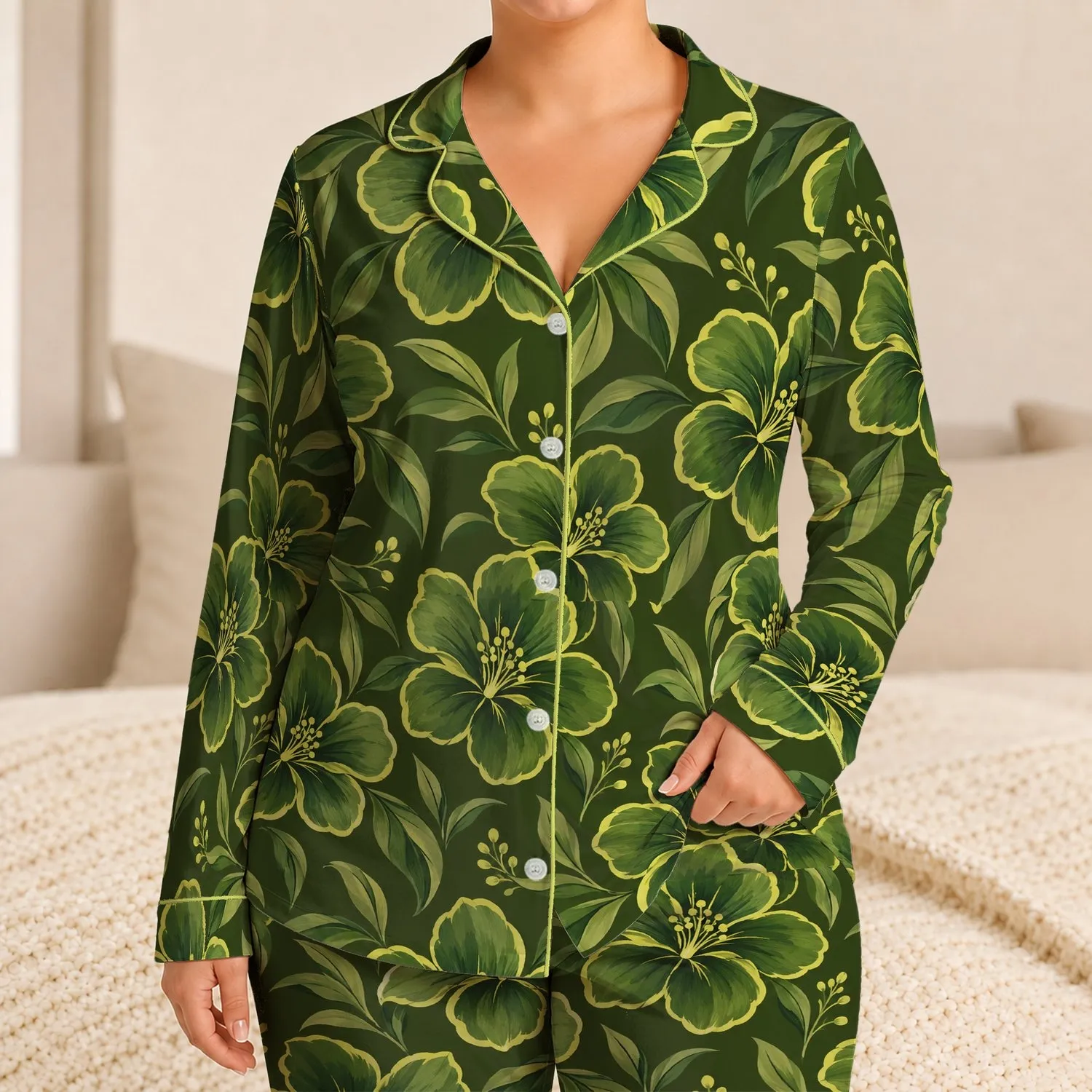 Olive Tropical Blooms for Relaxed Beach Getaways and Laid-Back Summer Escapes Satin Pajamas Set - 1