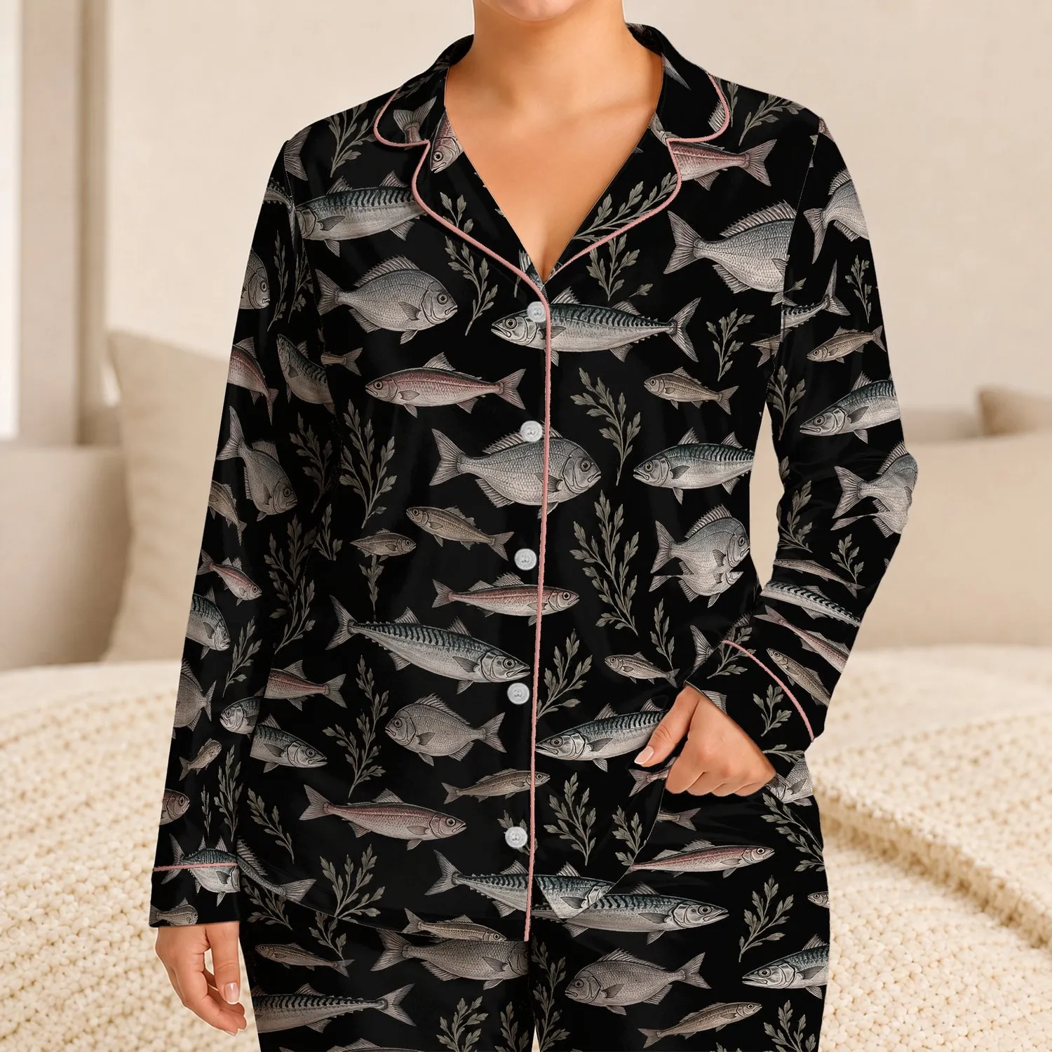 Silver Sea Fish and Kelp for Coastal Getaways and Relaxed Ocean-Inspired Living Satin Pajamas Set - 1