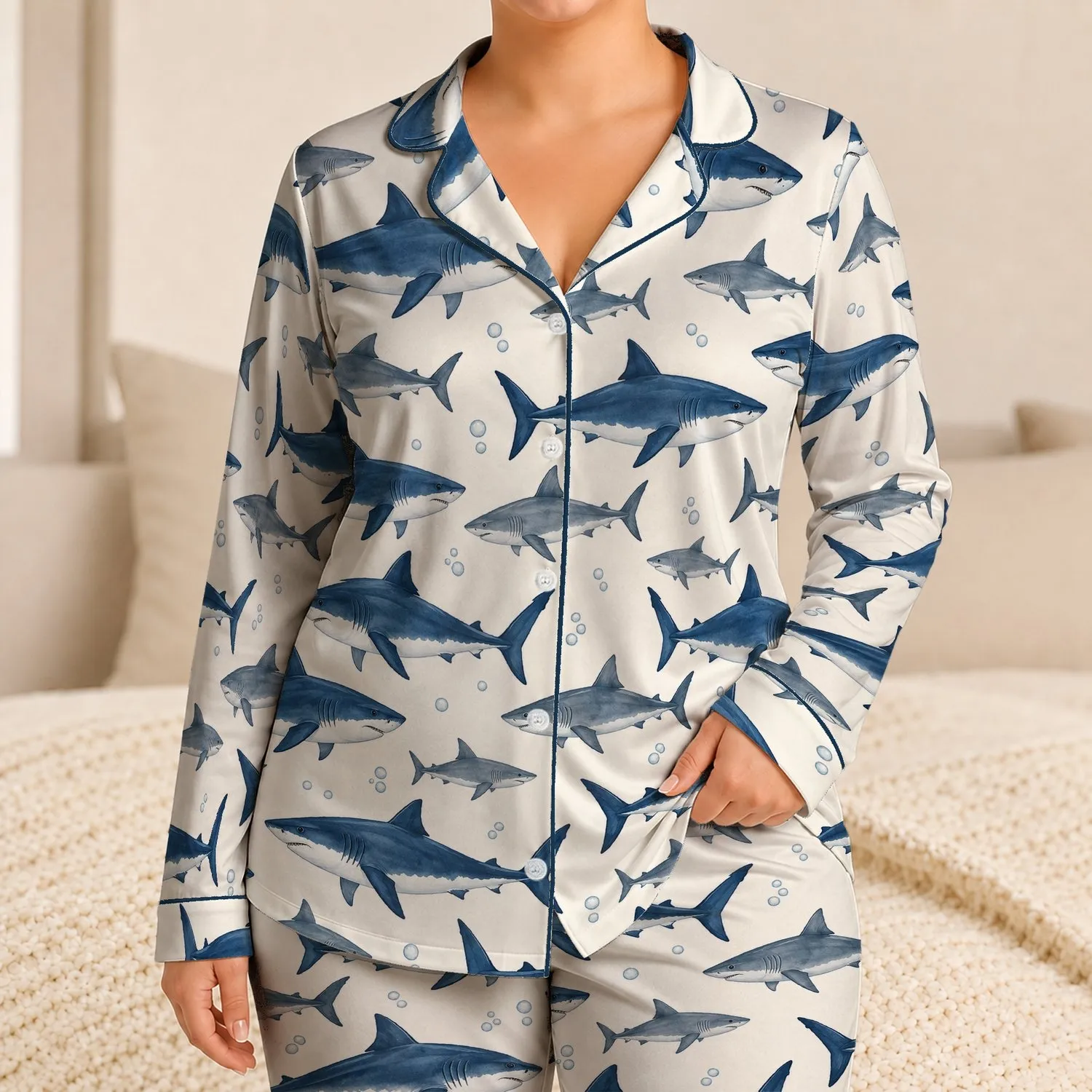 Navy Shark And Silver Reef Sharks For Coastal Getaways And Relaxed Ocean Adventures Satin Pajamas Set - 1