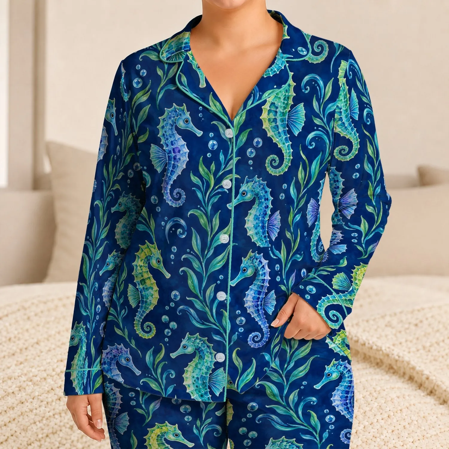 Colorful Seahorse Ocean Tones for Tropical Getaways and Relaxed Coastal Living Satin Pajamas Set - 1