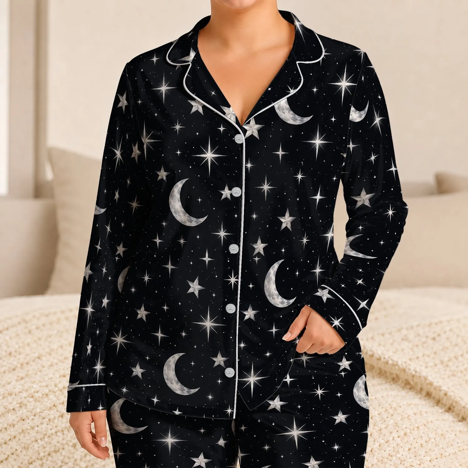 Silver Starry Night Sky for Relaxed Summer Getaways and Easy Evening Lounging Satin Pajamas Set - 1
