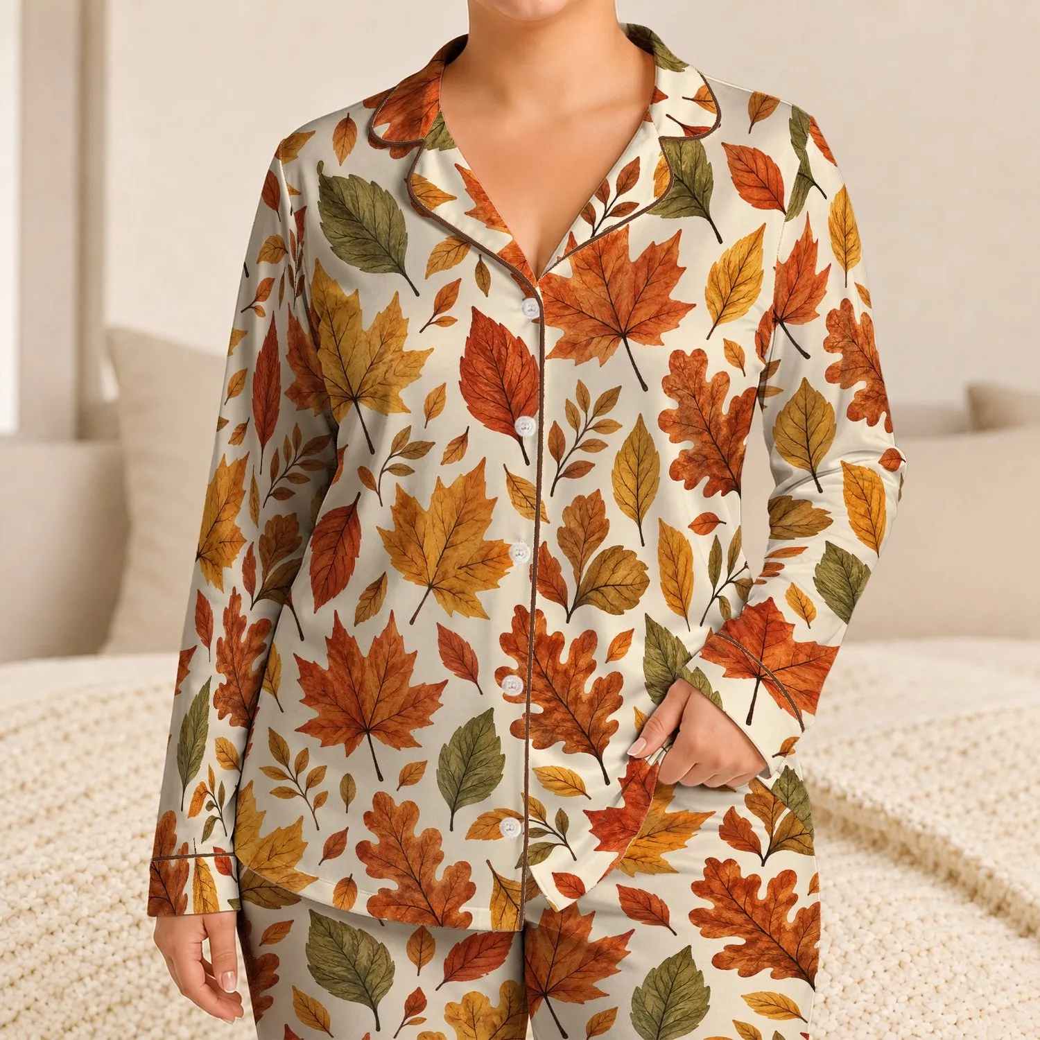 Warm Autumn Maple and Oak Leaves for Relaxed Coastal Getaways and Nature Lovers Satin Pajamas Set - 1