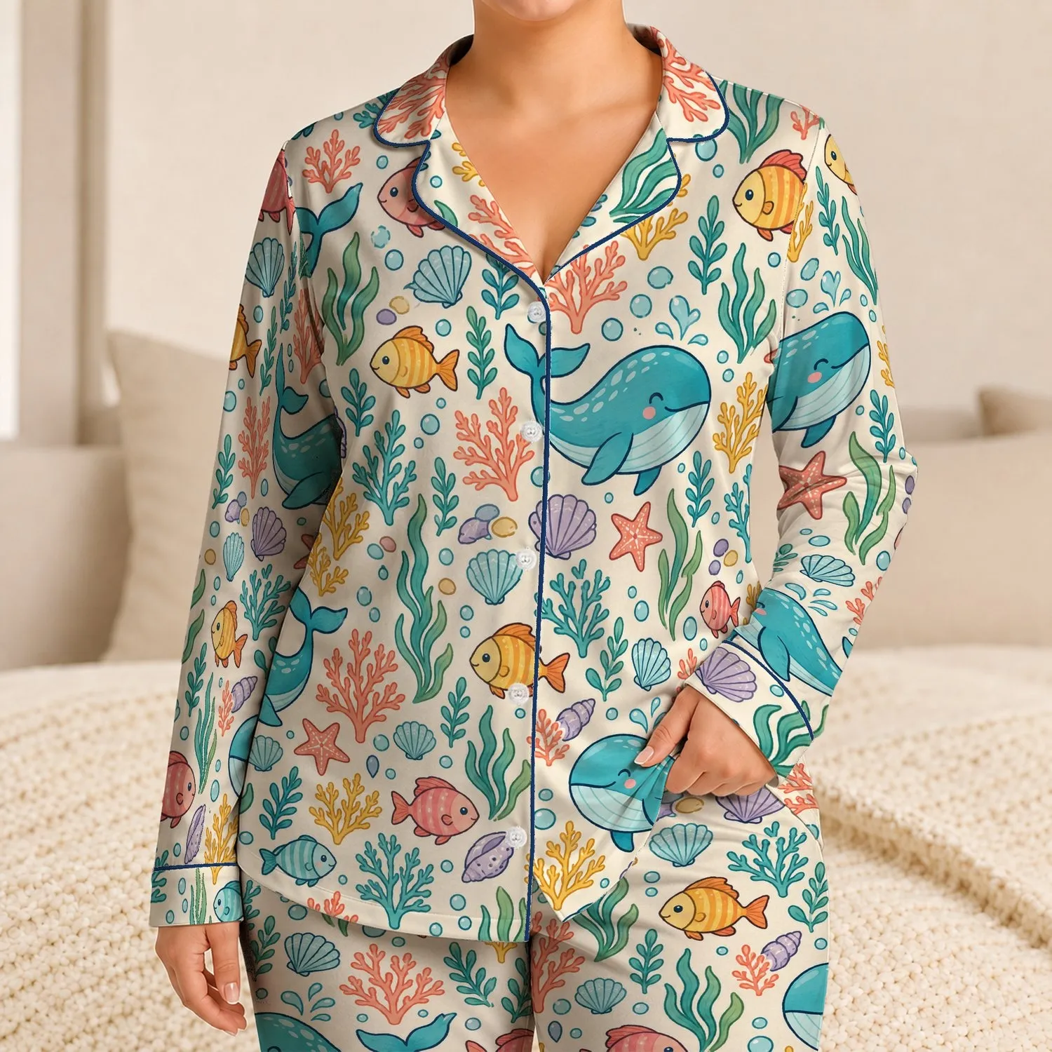 Whimsical Ocean Whales And Coral For Breezy Coastal Vacation Style Satin Pajamas Set - 1