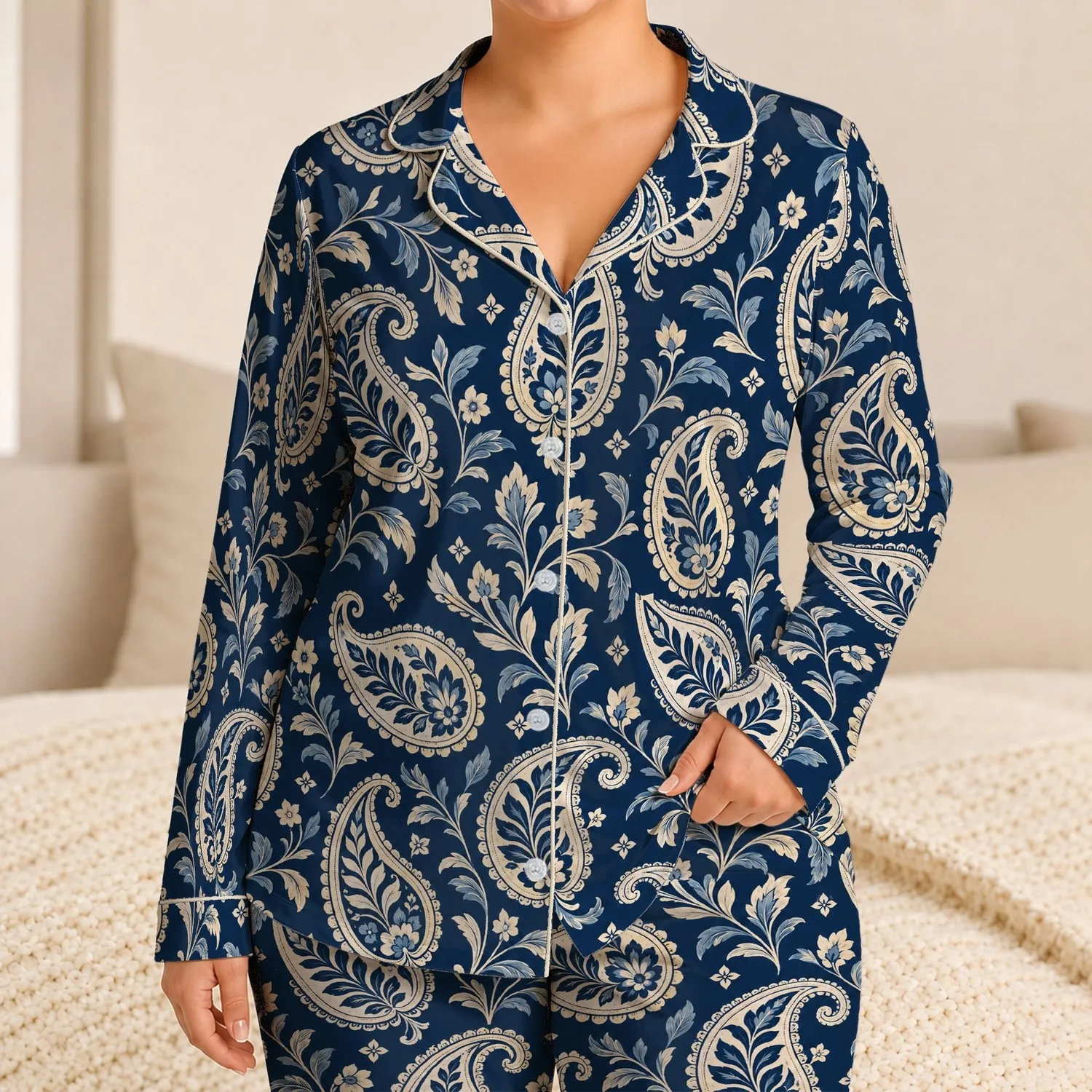 Navy Ivory Paisley Motifs for Relaxed Coastal Summer Getaways Satin Pajamas Set - 1