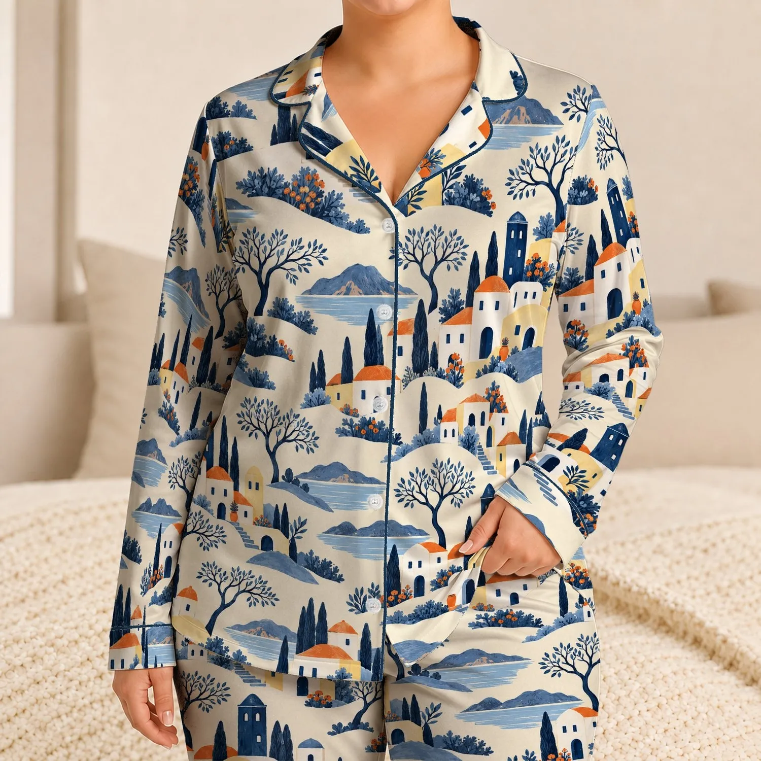Coastal Village Cottages and Trees for Relaxed Summer Getaways Satin Pajamas Set - 1