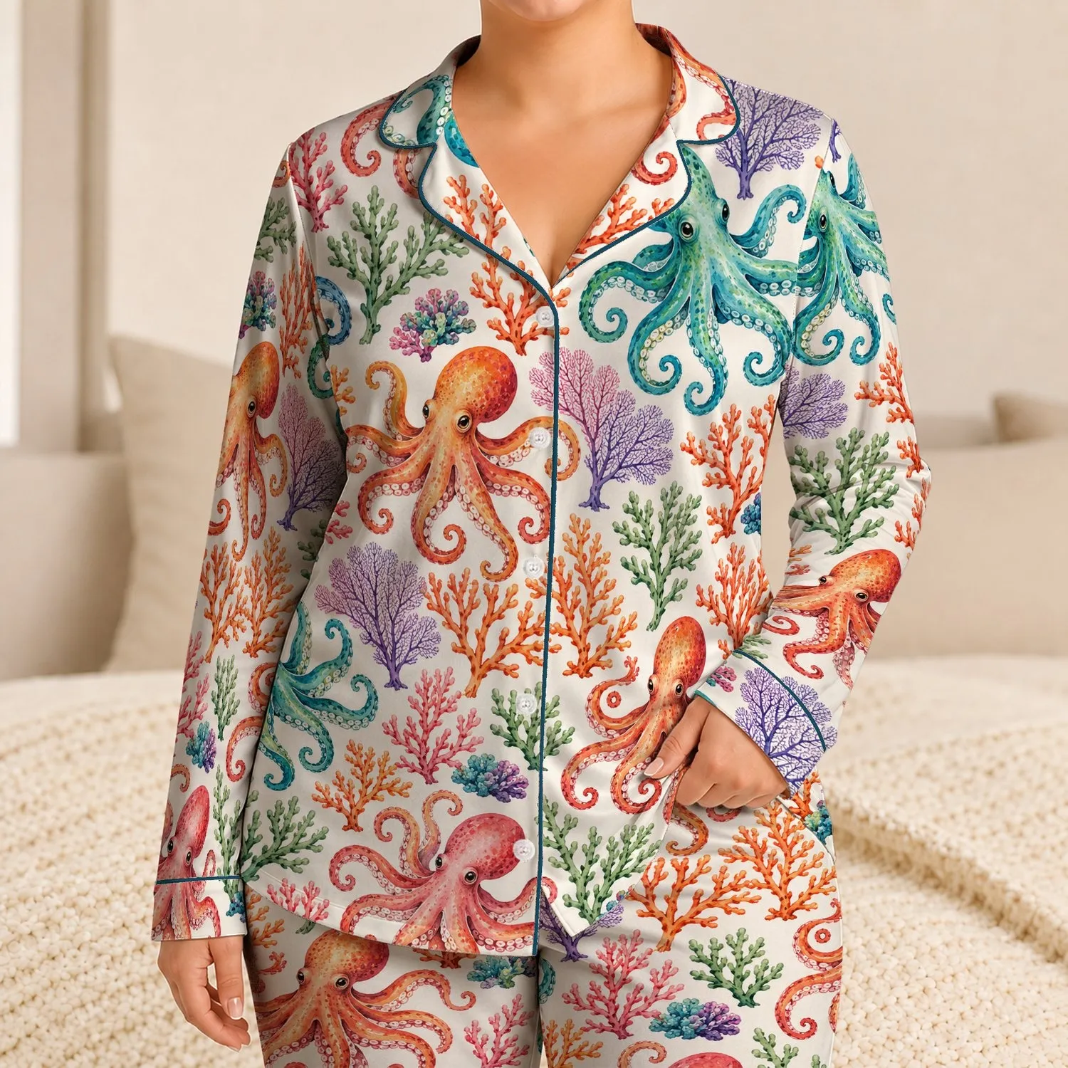 Watercolor Octopus And Coral Motifs For Tropical Beach Getaways And Coastal Escapes Satin Pajamas Set - 1