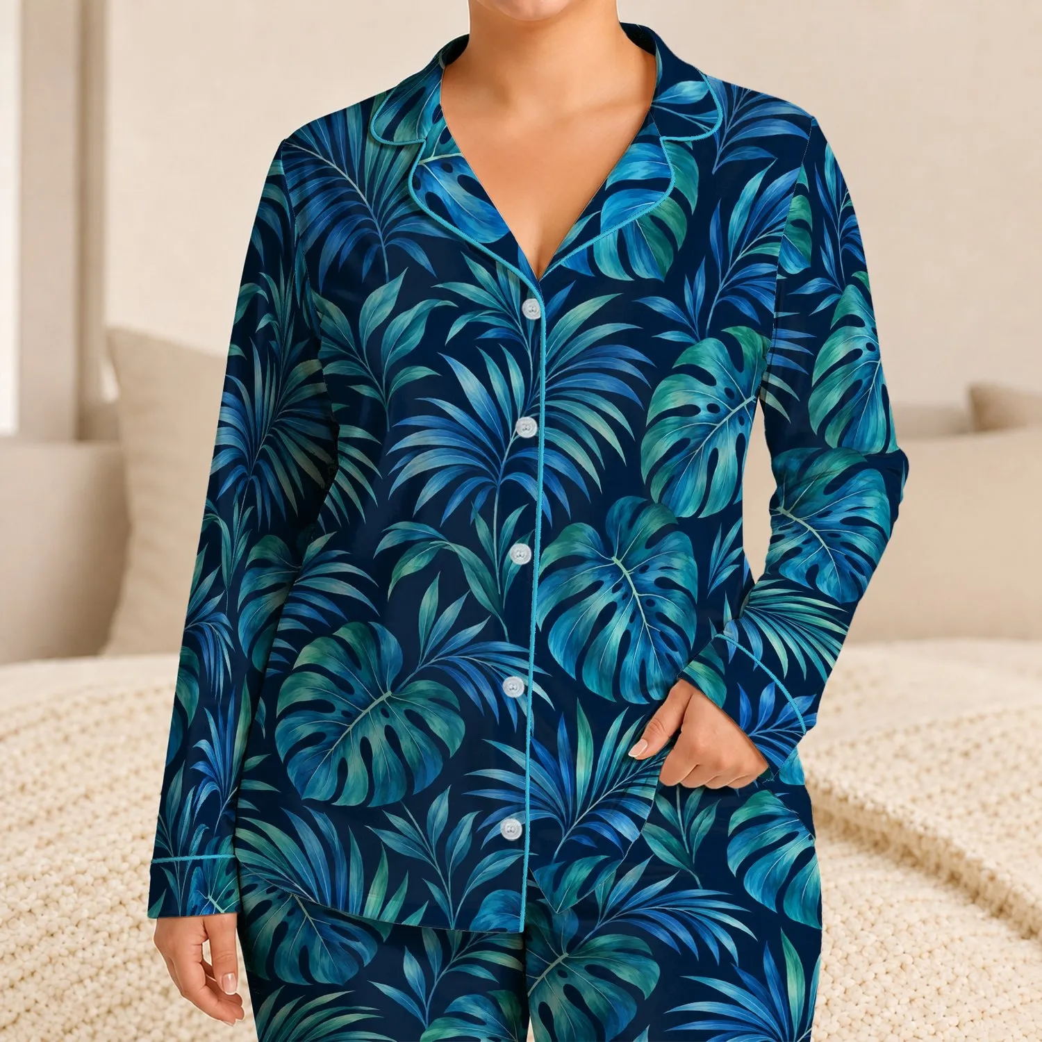 Blue Palm Fronds and Monstera Leaves for Tropical Summer Getaways Satin Pajamas Set - 1