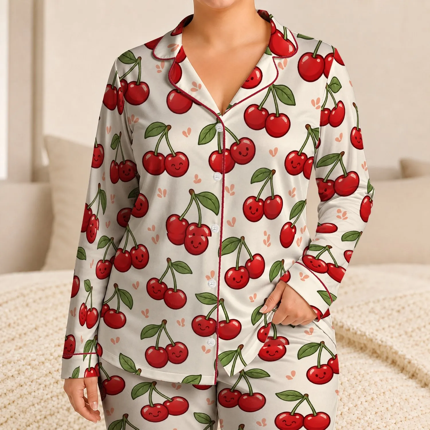 Cheerful Cherry Pairs For Playful Summer Lounging And Easygoing Gift Giving Satin Pajamas Set - 1
