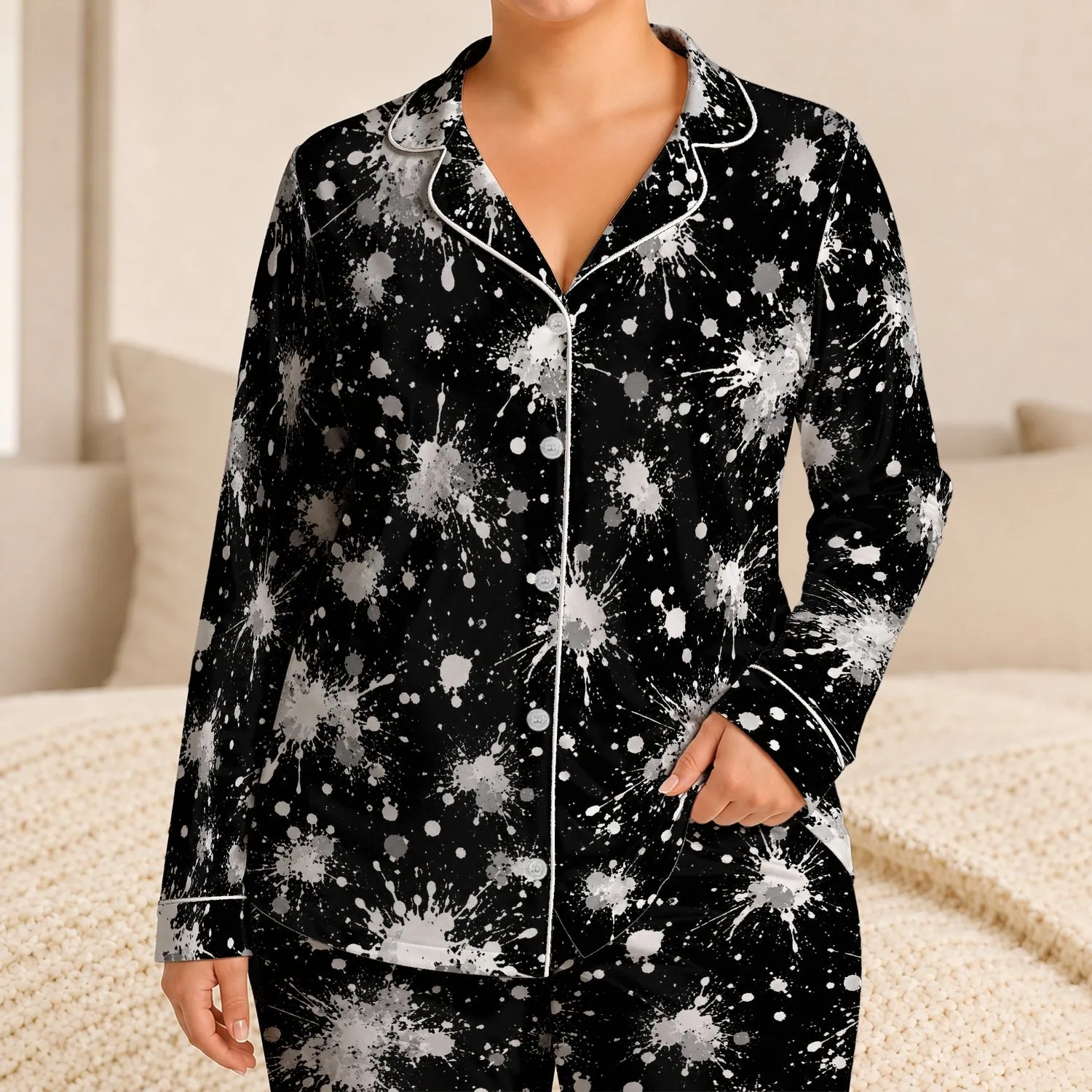 Black And White Ink Splatter Coastal Style For Relaxed Summer Lounge And Beach Days Satin Pajamas Set - 1