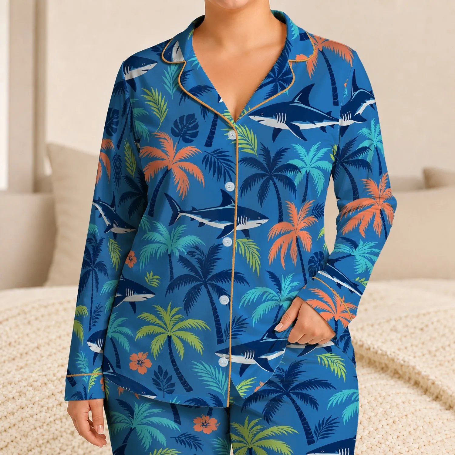 Tropical Palm Trees and Shark Silhouettes for Sunny Beach Getaways Satin Pajamas Set - 1
