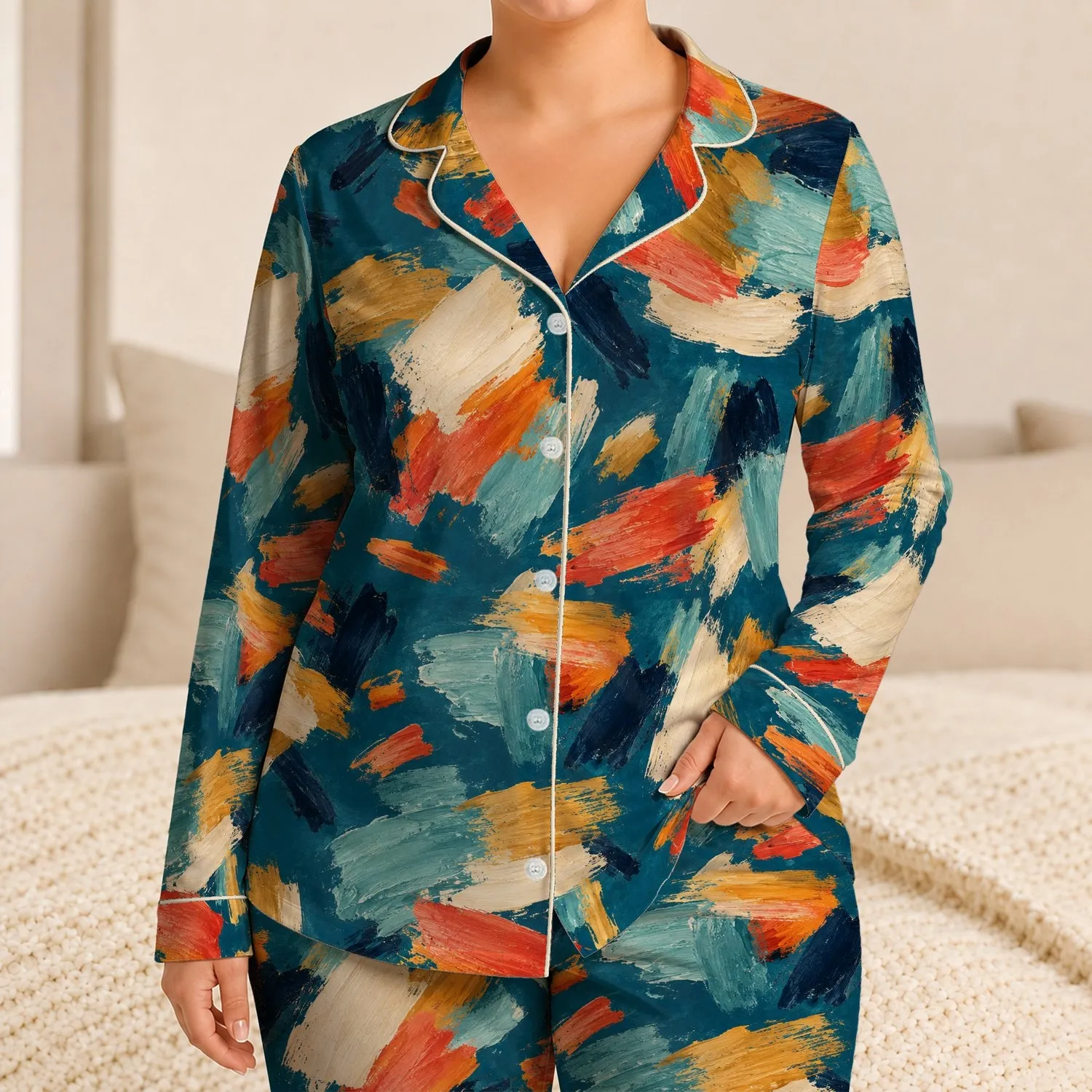 Abstract Teal Brushstrokes for Relaxed Coastal Getaways and Summer Travel Satin Pajamas Set - 1