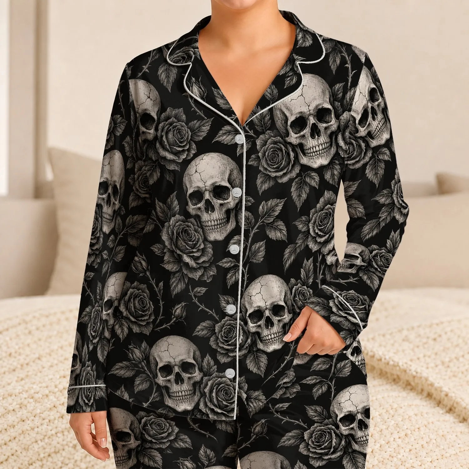 Skull And Rose Motifs for Halloween Nights and Alternative Everyday Style Lovers Satin Pajamas Set - 1