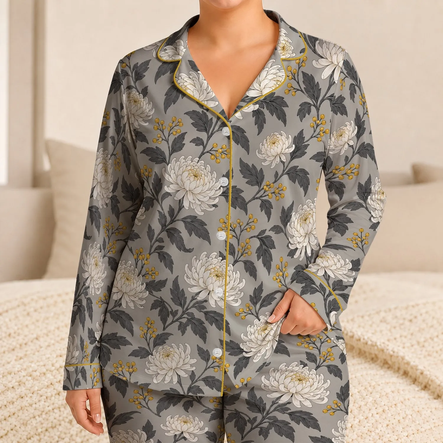Modern Gray Chrysanthemum Blooms and Golden Berries for Relaxed Coastal Weekends Satin Pajamas Set - 1