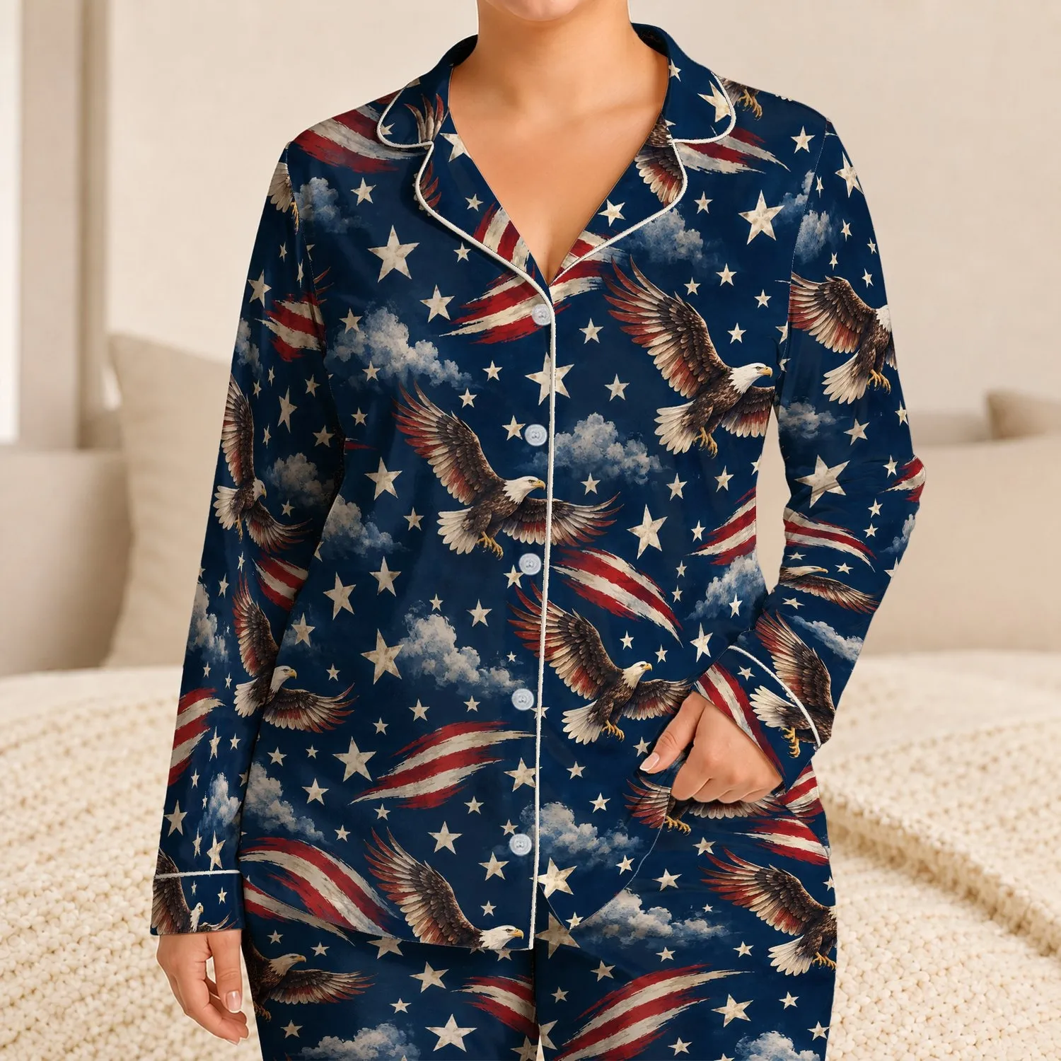 Patriotic Stars And Soaring Eagle For Fourth Of July Beach Days And Summer Getaways Satin Pajamas Set - 1