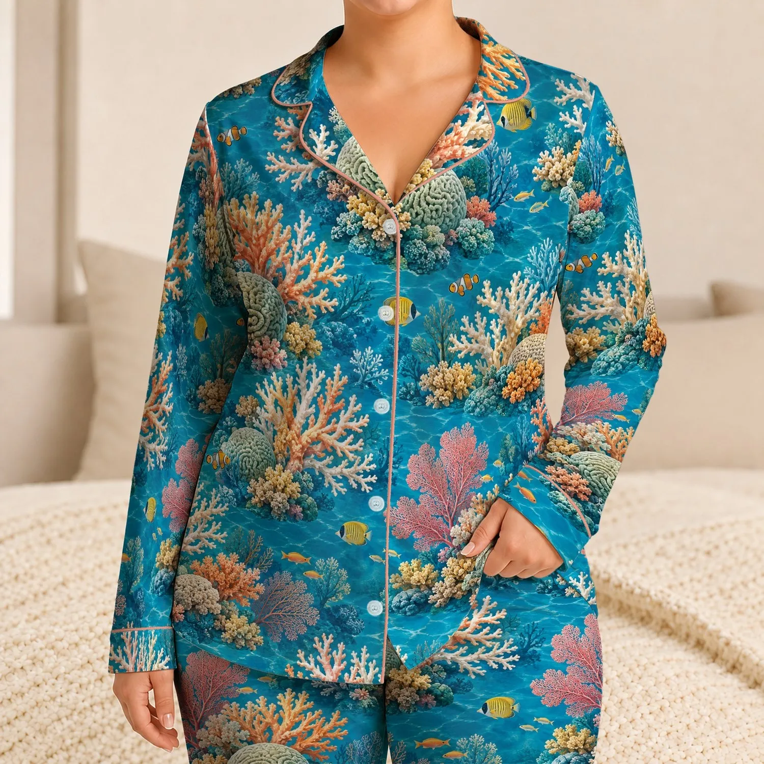 Vibrant Coral Reef in Turquoise Waters for Summer Coastal Escapes and Ocean Lovers Satin Pajamas Set - 1