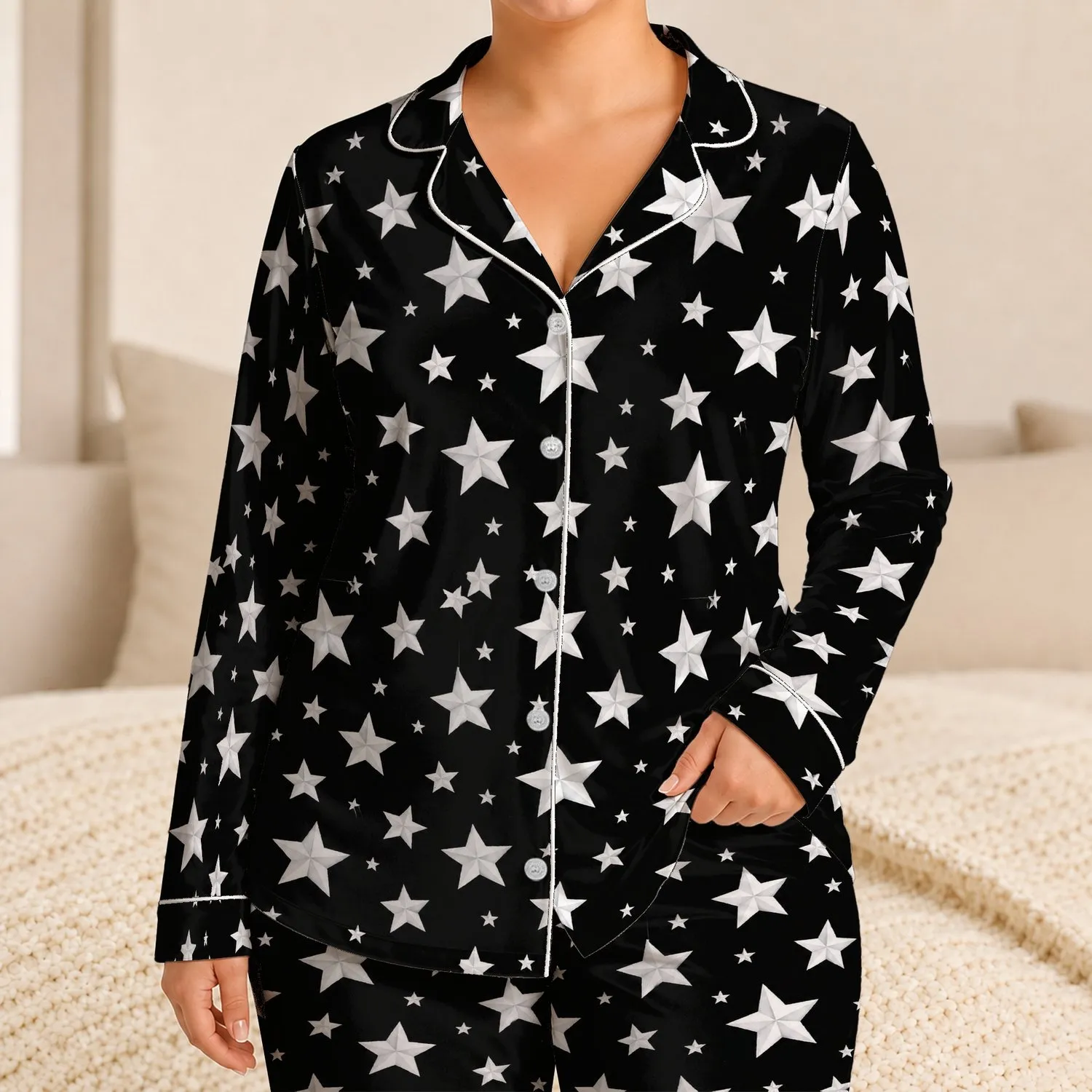 Bold White Stars for Coastal Nights and Relaxed Summer Weekends for Men and Women Satin Pajamas Set - 1