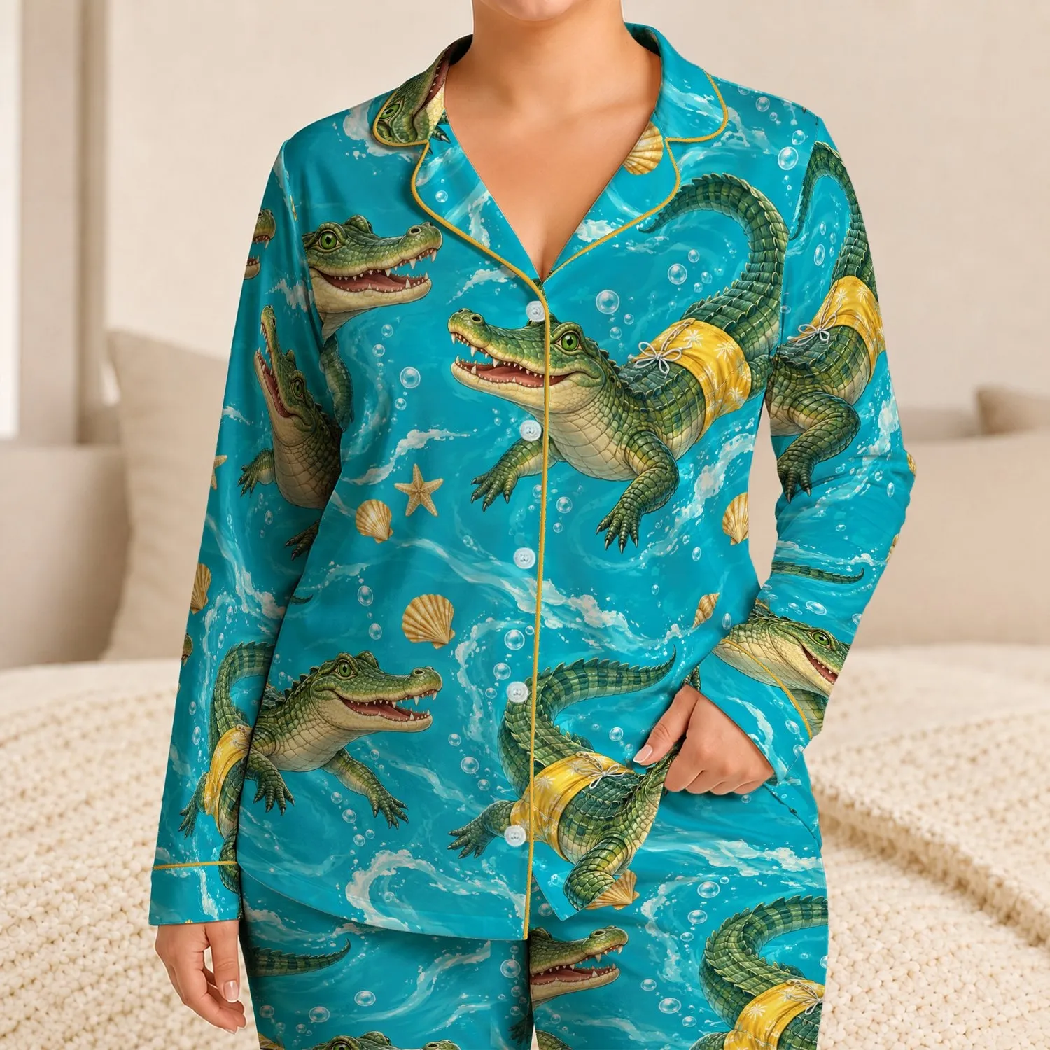Cool Crocodile in Yellow Shorts for Tropical Beach Getaways and Summer Lounging Satin Pajamas Set - 1