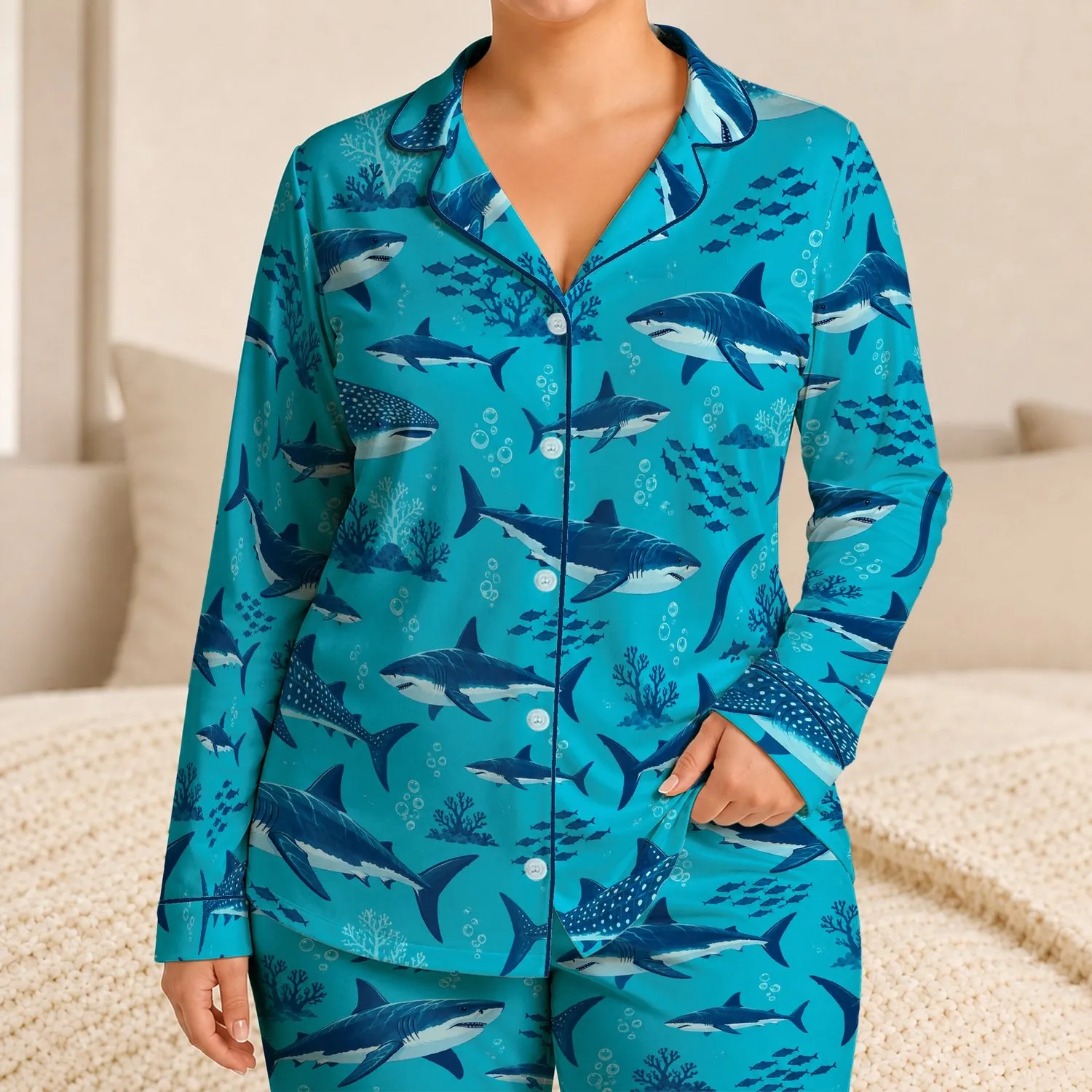 Shark Ocean Scene for Beach Getaways and Coastal Summer Adventures Satin Pajamas Set - 1