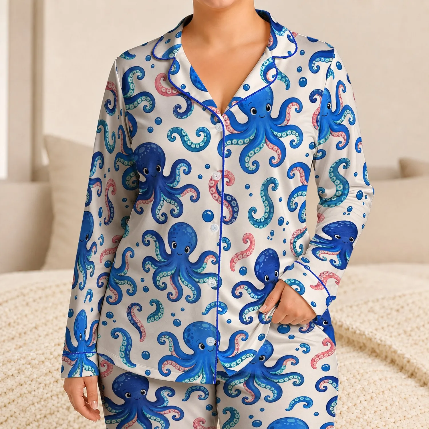 Blue Octopus Ocean Art for Coastal Getaways and Relaxed Summer Escapes Satin Pajamas Set - 1