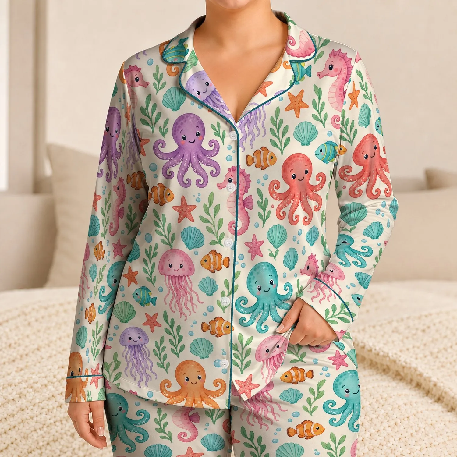 Cute Sea Creatures and Coral Reef Friends for Tropical Beach Days and Coastal Getaways Satin Pajamas Set - 1