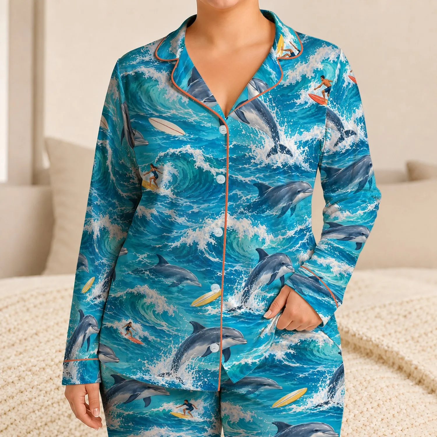 Leaping Dolphins Riding Ocean Waves for Tropical Summer Surf and Beach Getaways Satin Pajamas Set - 1