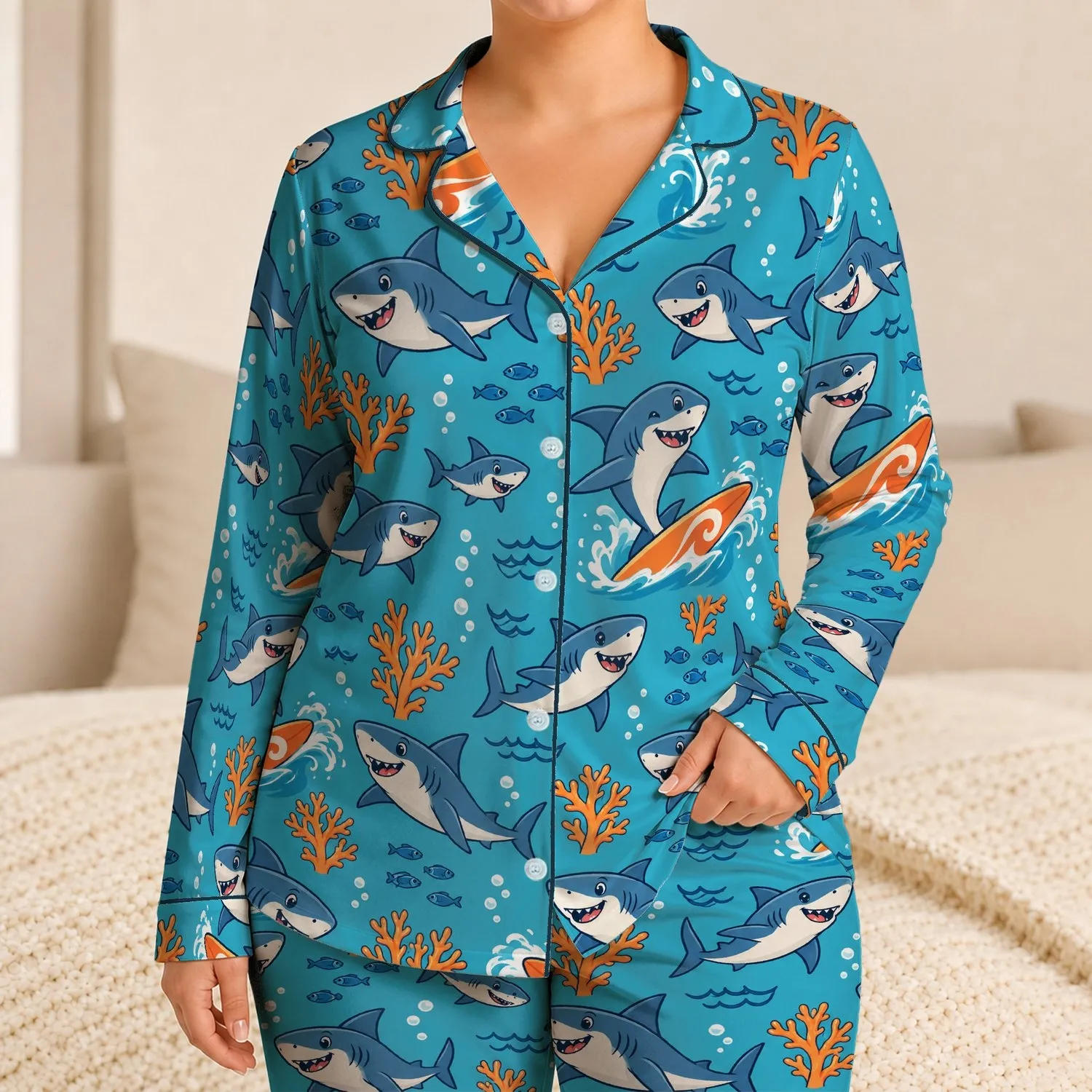 Friendly Shark Surfboard Ocean Motifs for Tropical Beach Getaways and Summer Fun Satin Pajamas Set - 1