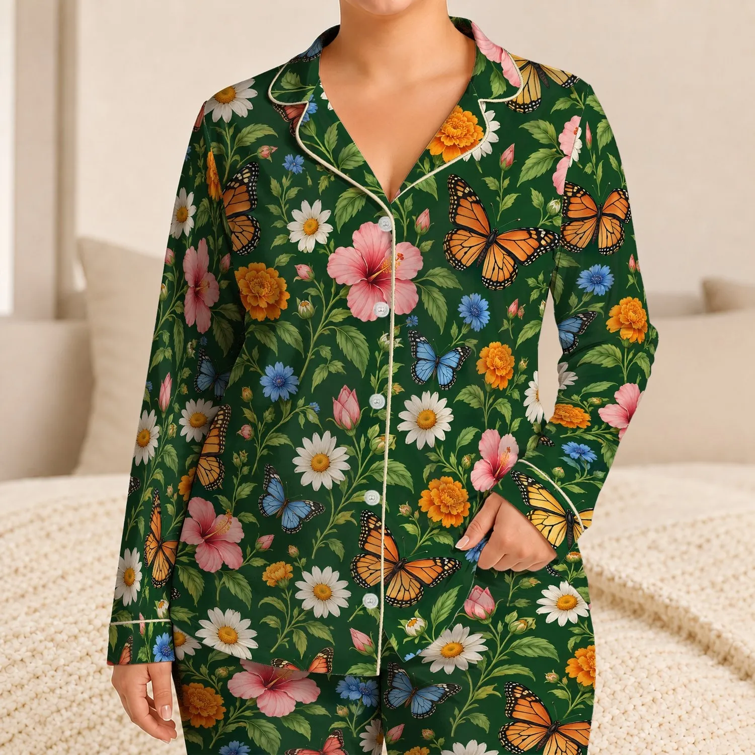 Butterflies and Wildflowers for Tropical Getaways and Relaxed Summer Lounging Style Satin Pajamas Set - 1