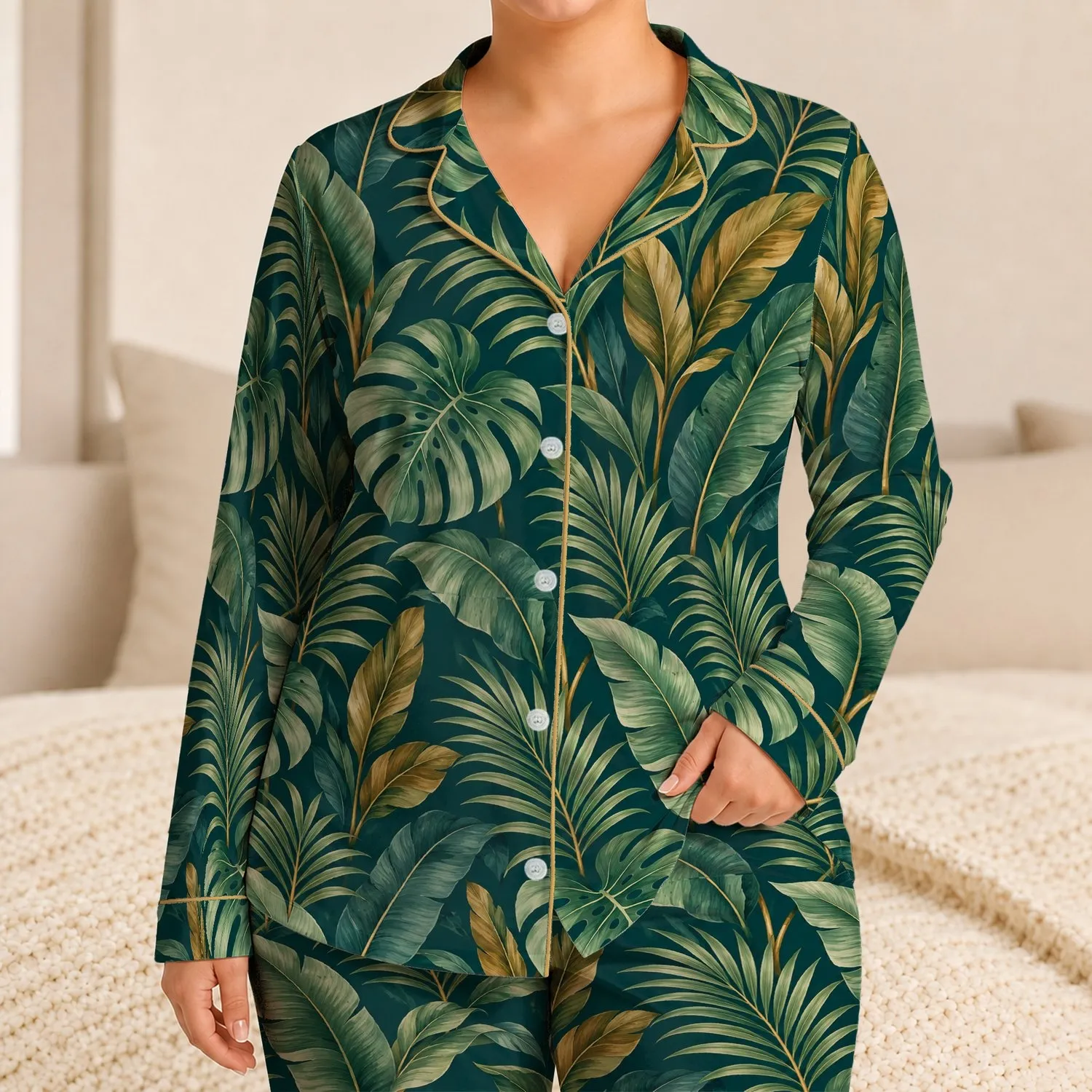 Tropical Monstera and Palm Leaves for Relaxed Coastal Getaways Satin Pajamas Set - 1