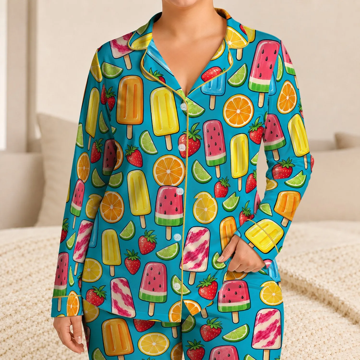 Colorful Popsicles and Fresh Fruit for Cheerful Summer Holiday Lounging Satin Pajamas Set - 1