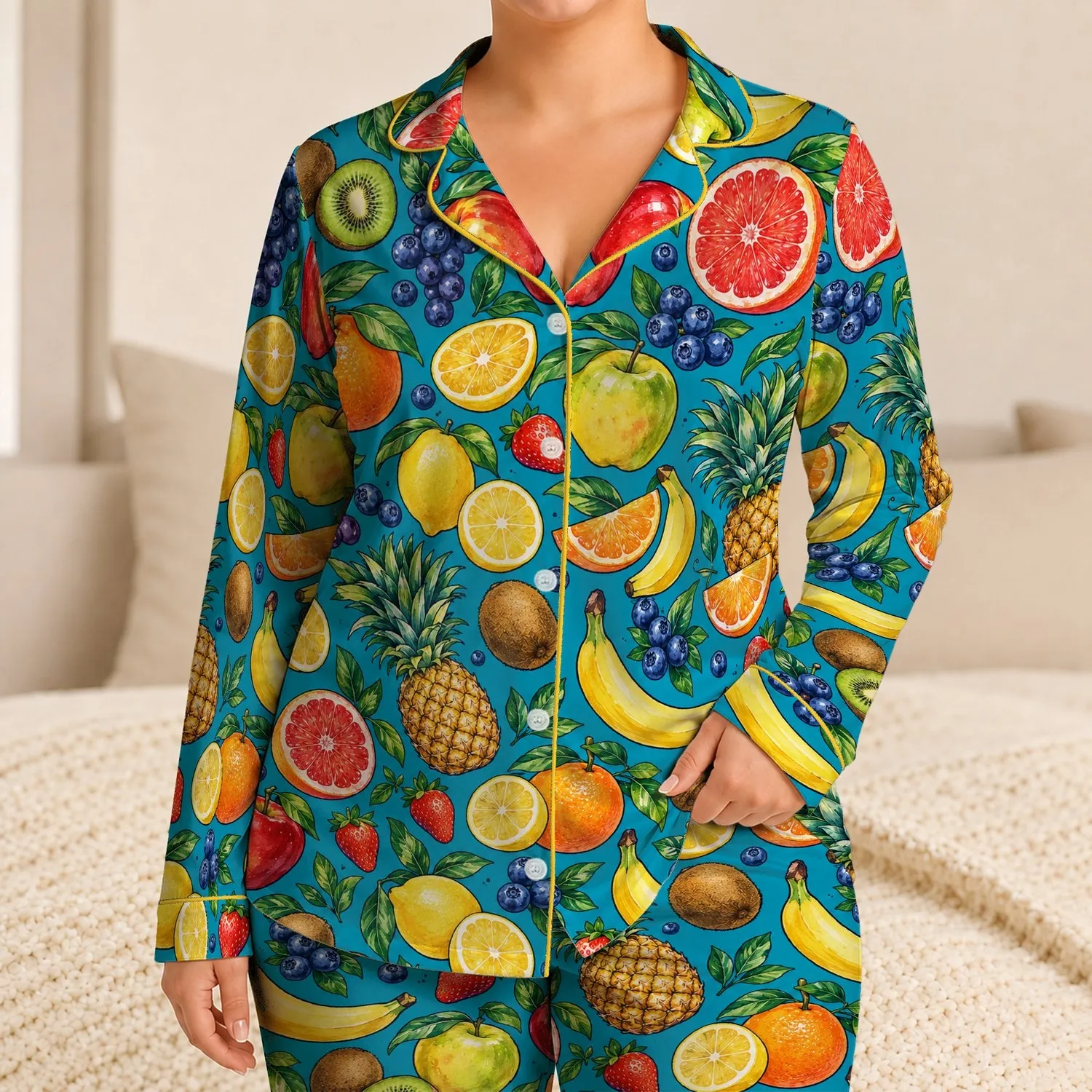 Watercolor Orchard Fruit for Fresh Summer Escapes and Bright, Cheerful Lounging Satin Pajamas Set - 1