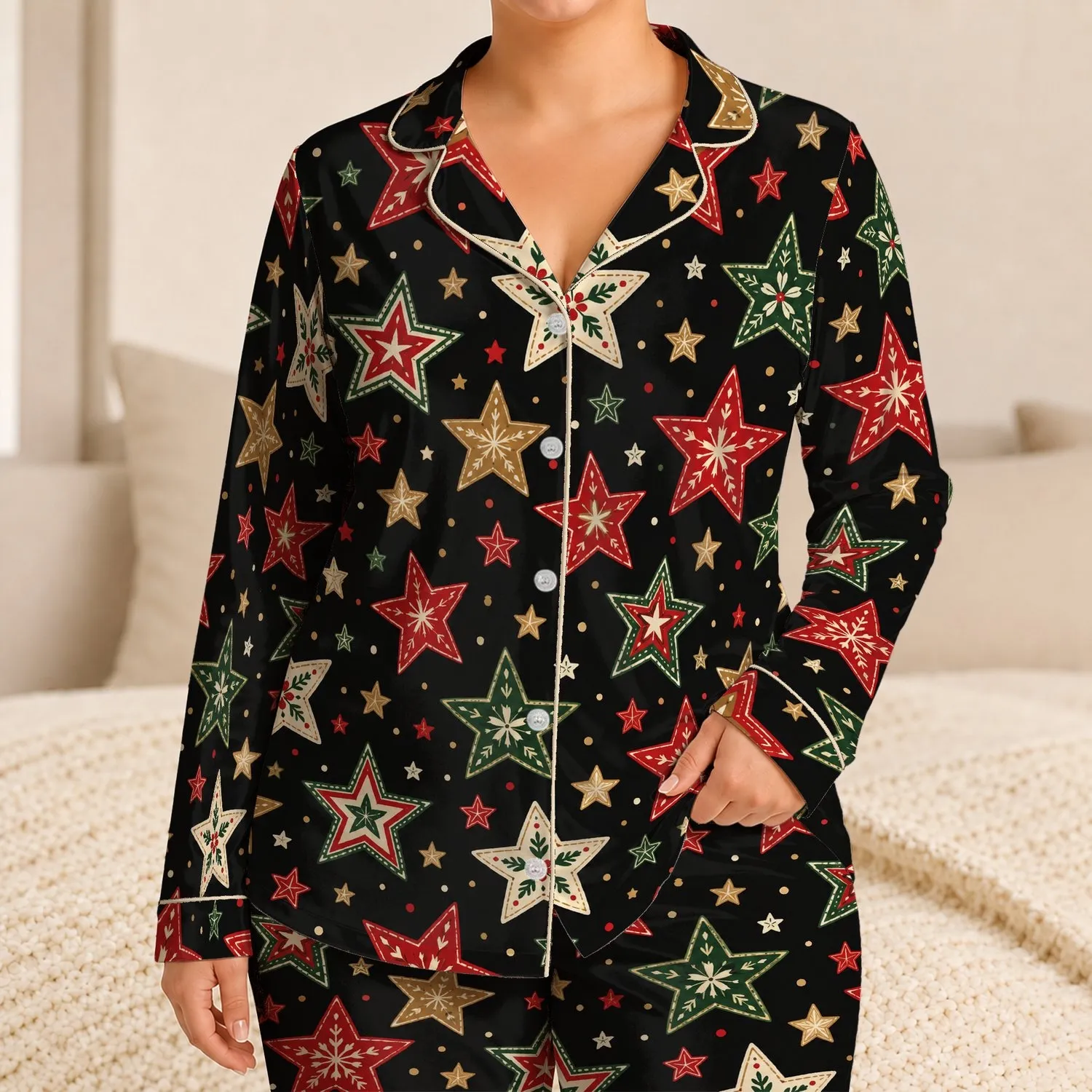 Festive Christmas Stars for Cozy Holiday Evenings and Winter Gift Giving for Him Satin Pajamas Set - 1