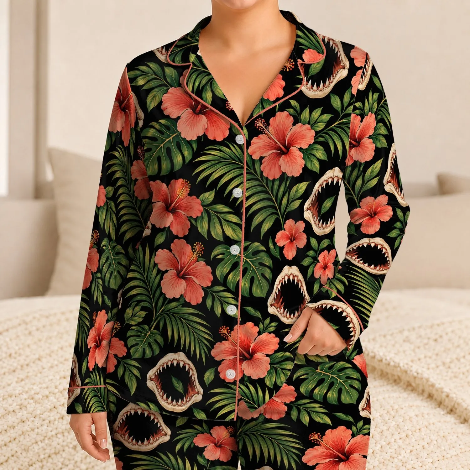 Tropical Hibiscus, Palm Fronds and Shark Jaws for Relaxed Coastal Summer Evenings Satin Pajamas Set - 1