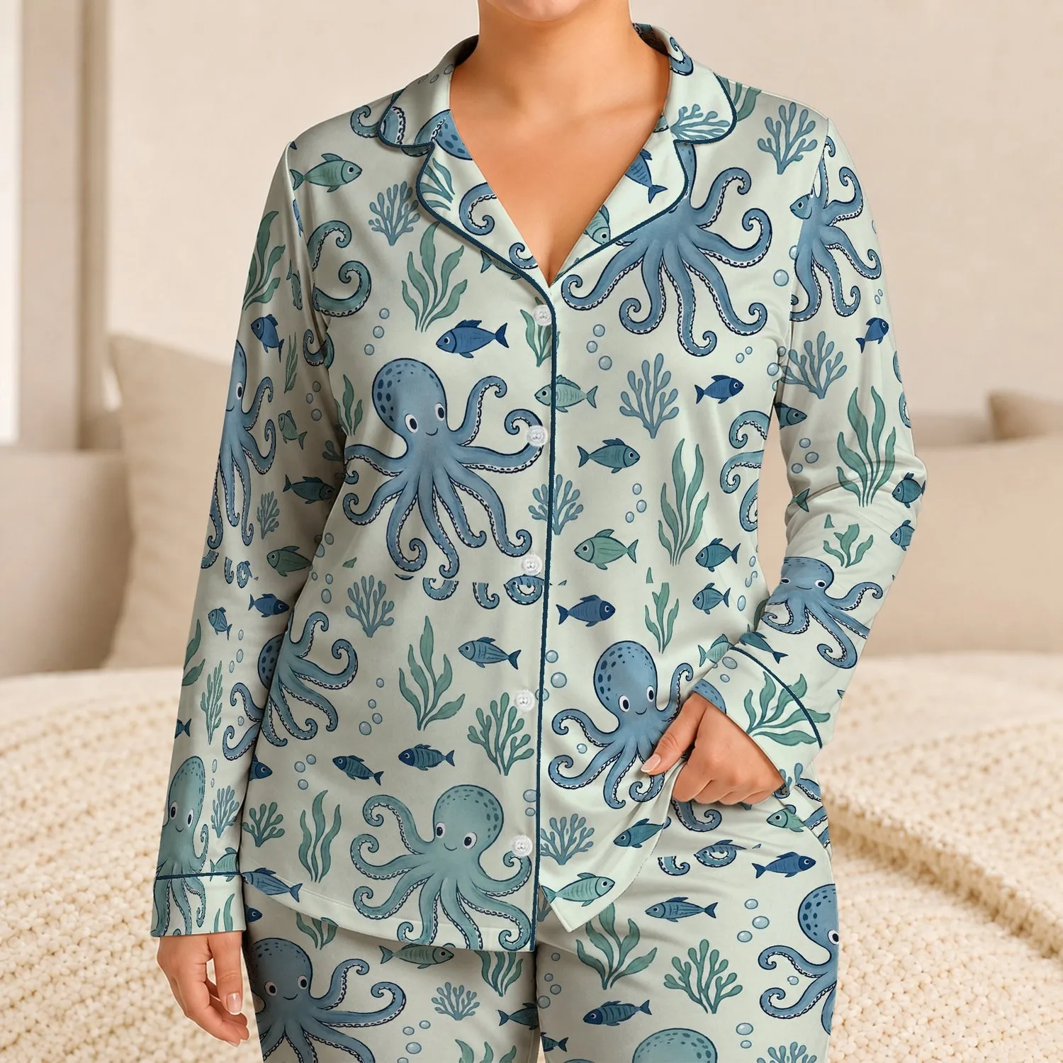 Blue-Green Octopus and Fish Motifs for Relaxed Coastal Getaways and Summer Lounging Satin Pajamas Set - 1