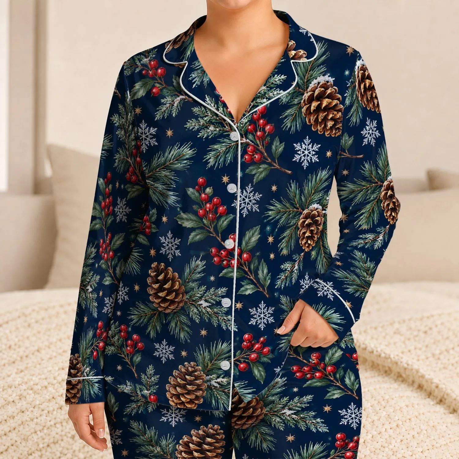 Pinecones, Winter Berries and Evergreen Sprigs for Cozy Holiday Nights and Cabin Escapes Satin Pajamas Set - 1