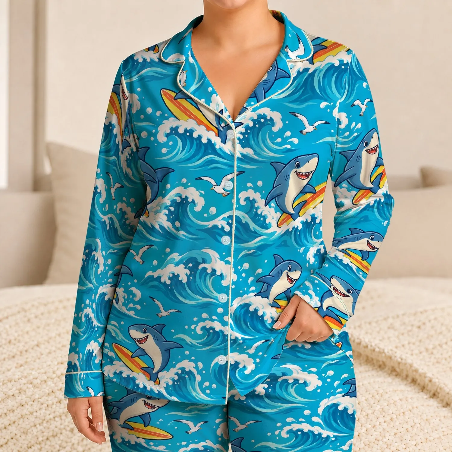 Cheerful Surfing Shark Ocean Scene for Beach Days, Coastal Getaways and Summer Fun Satin Pajamas Set - 1