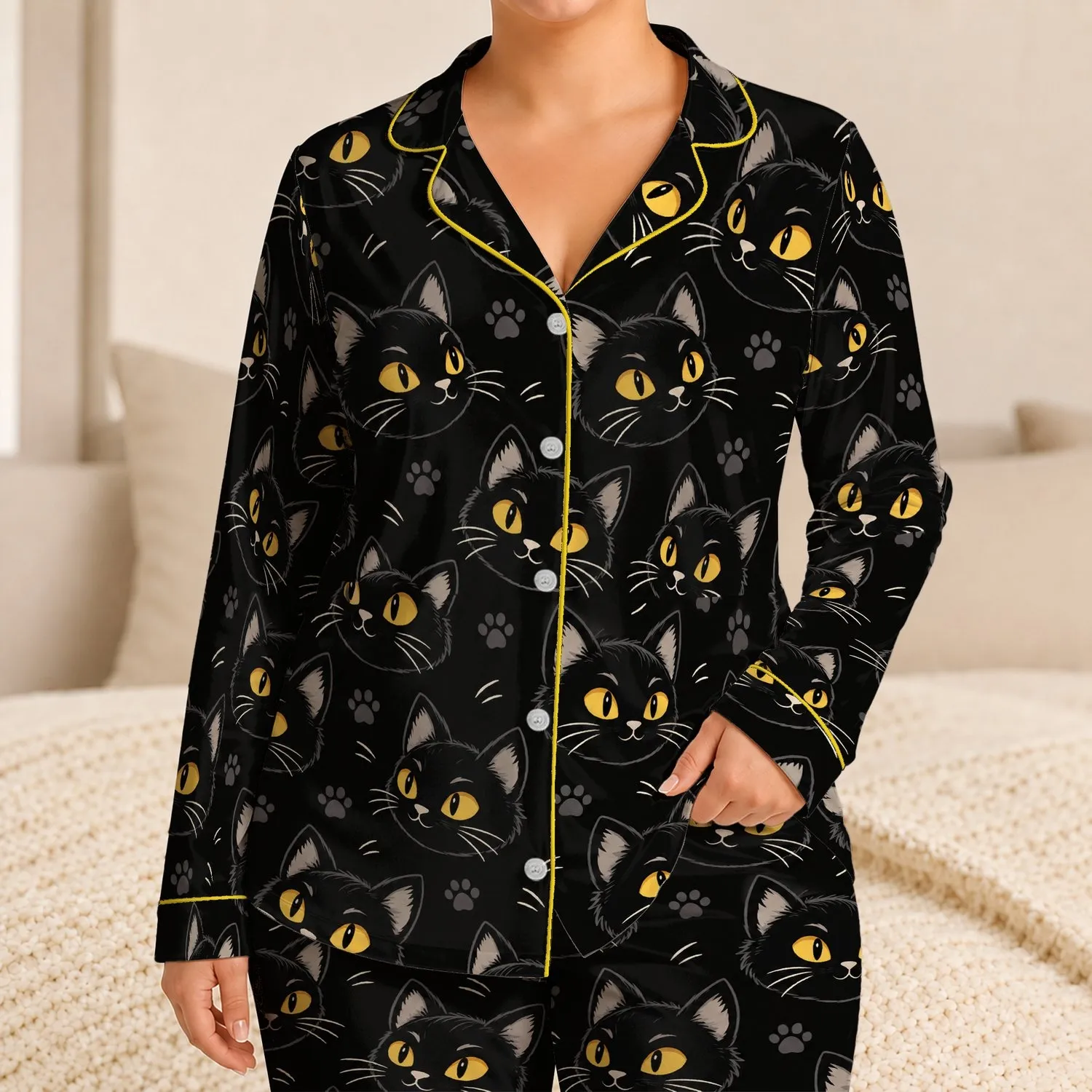 Black Cats With Golden Eyes for Cozy Nights and Playful Weekend Lounging at Home Satin Pajamas Set - 1