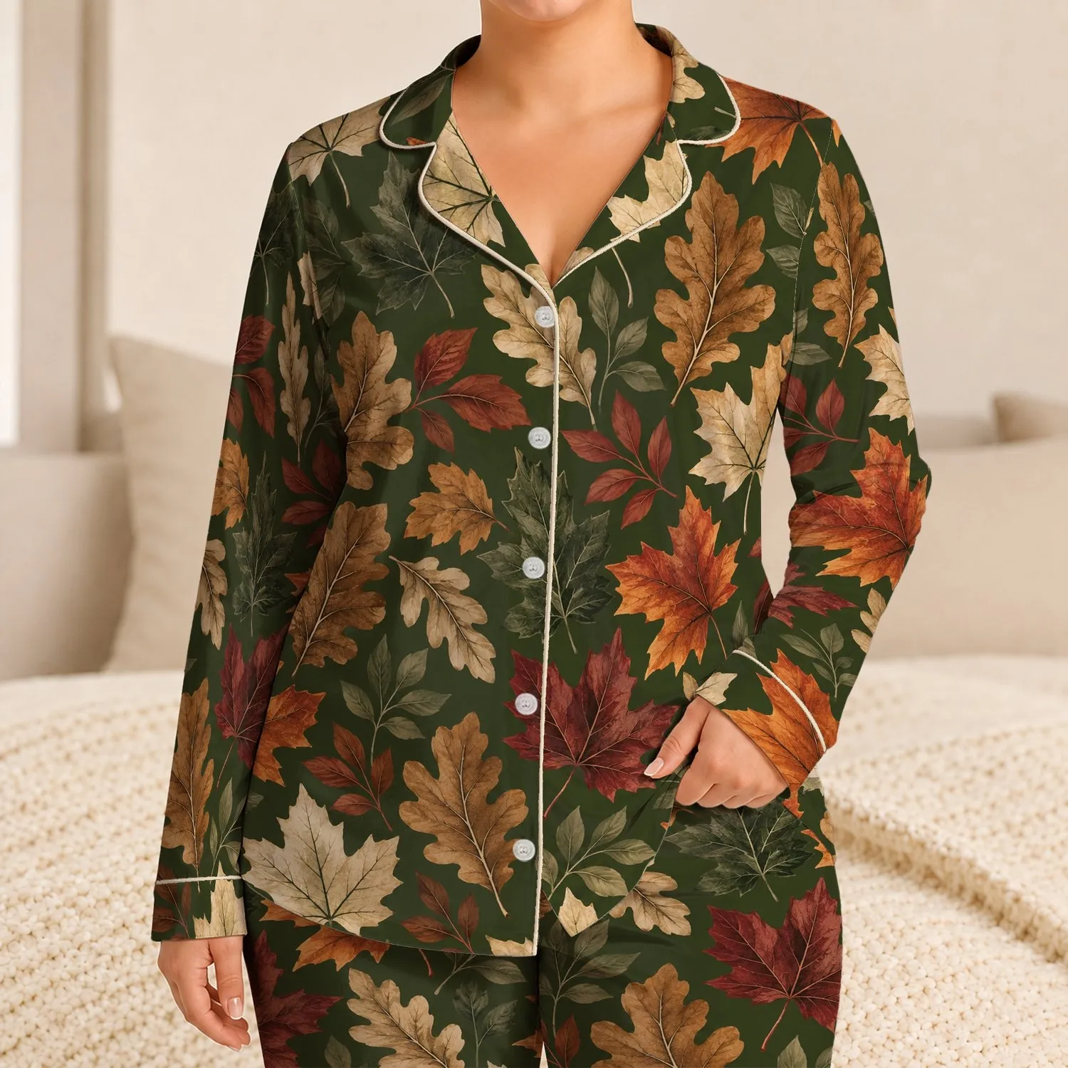 Autumn Maple And Oak Leaves In Warm Earth Tones For Cozy Seasonal Lounging At Home Satin Pajamas Set - 1