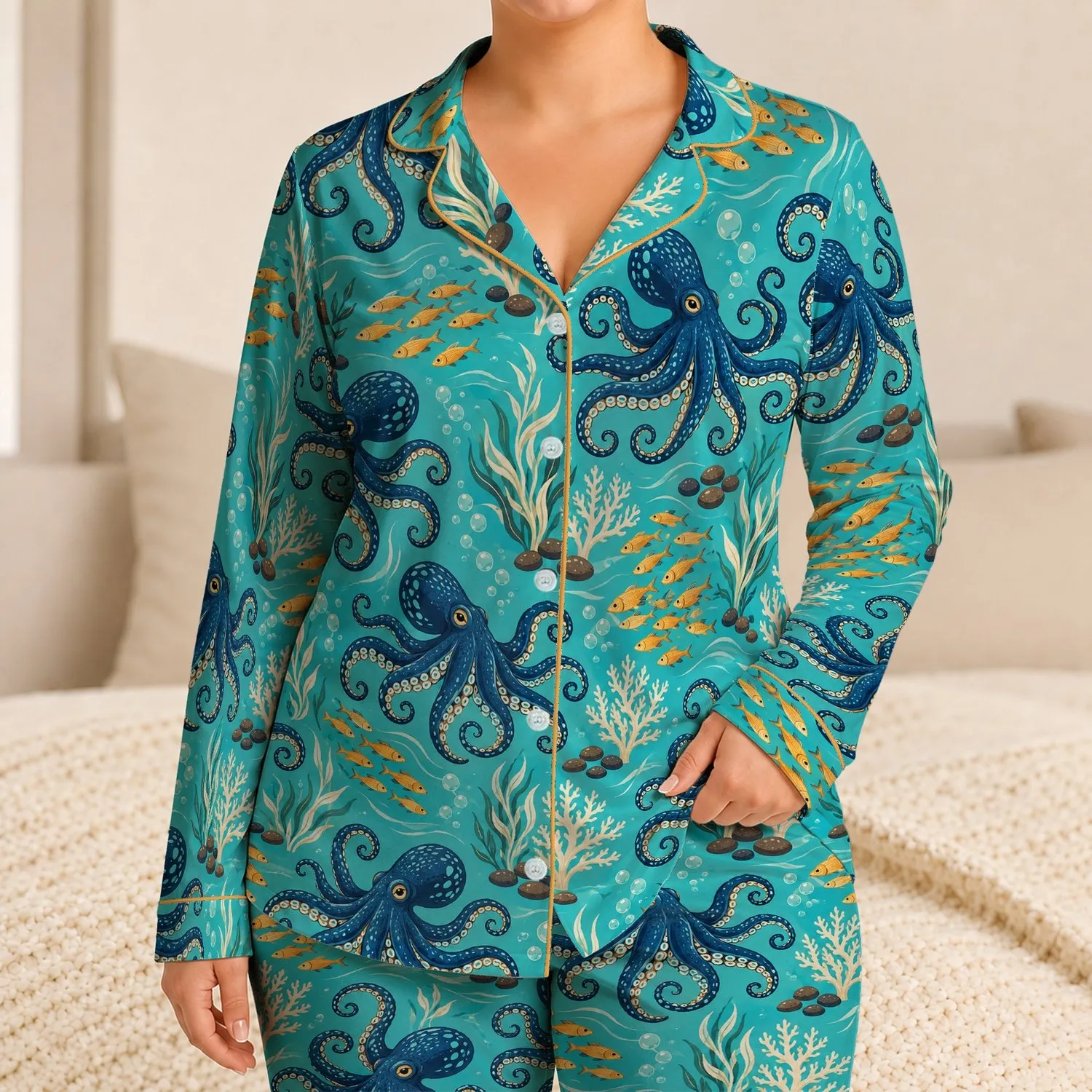 Blue Octopus and Orange Fish Ocean Scene for Relaxed Coastal Getaways Satin Pajamas Set - 1