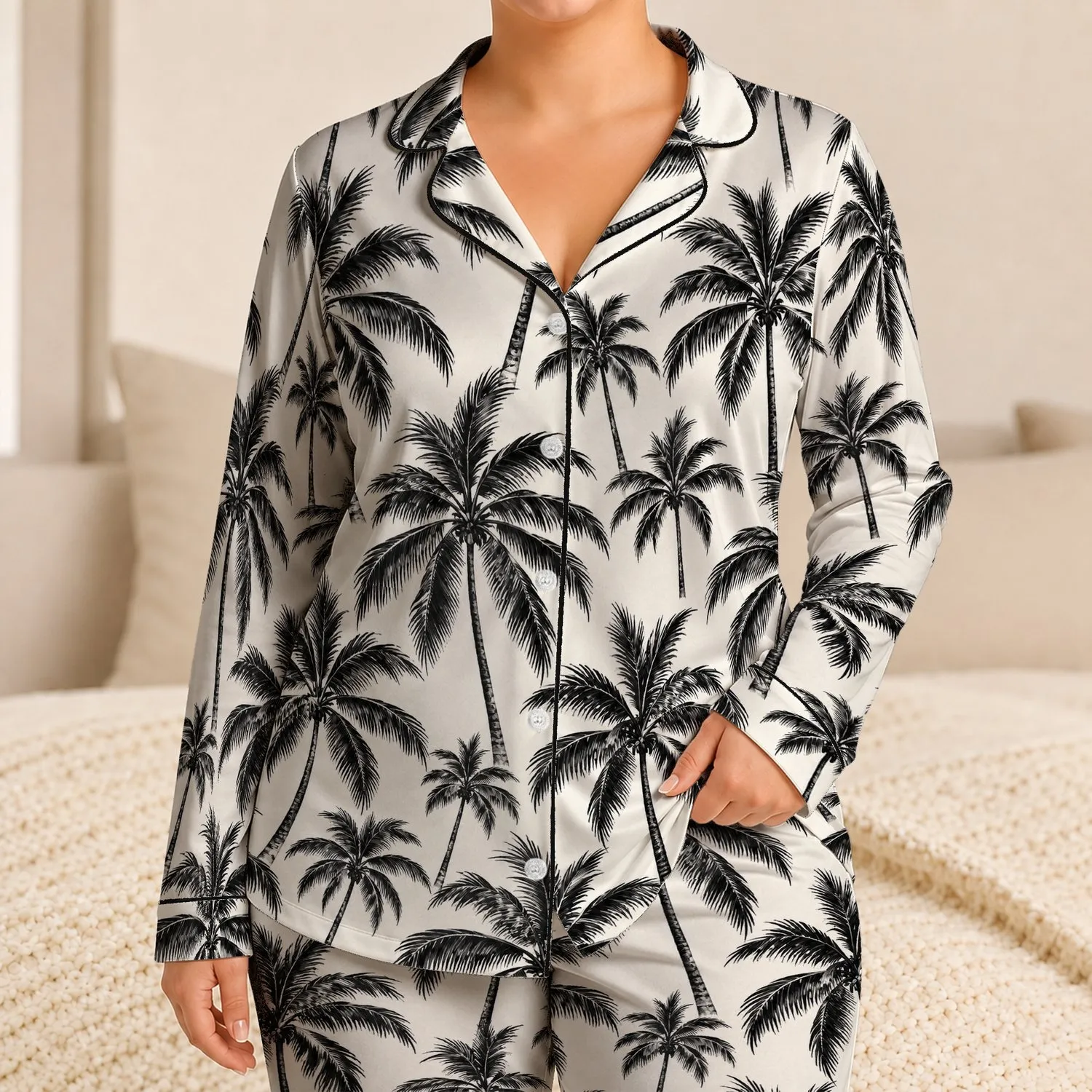 Black And White Palm Trees For Tropical Beach Getaways And Relaxed Summer Days All Year Satin Pajamas Set - 1