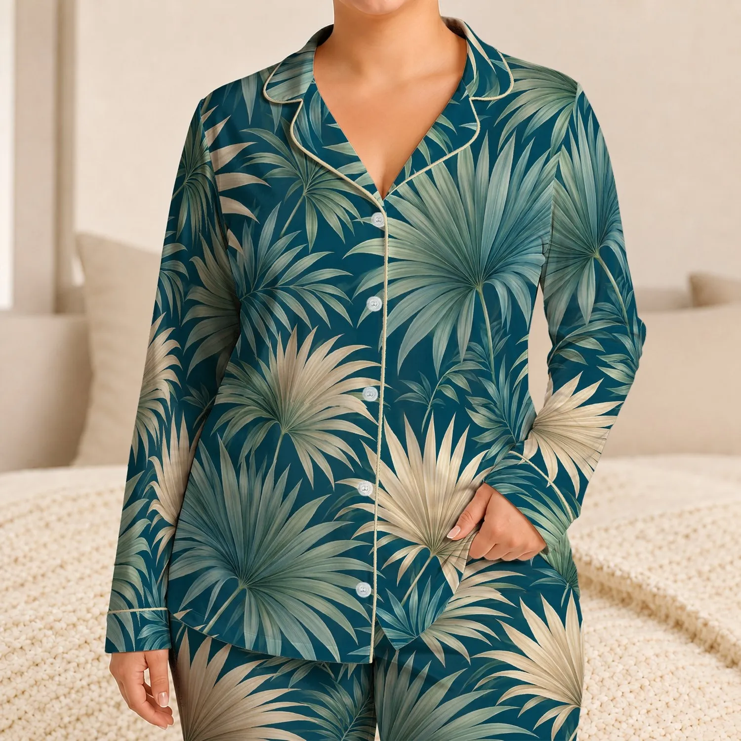 Deep Teal Palm Fronds for Relaxed Tropical Getaways and Refined Resort Living Satin Pajamas Set - 1