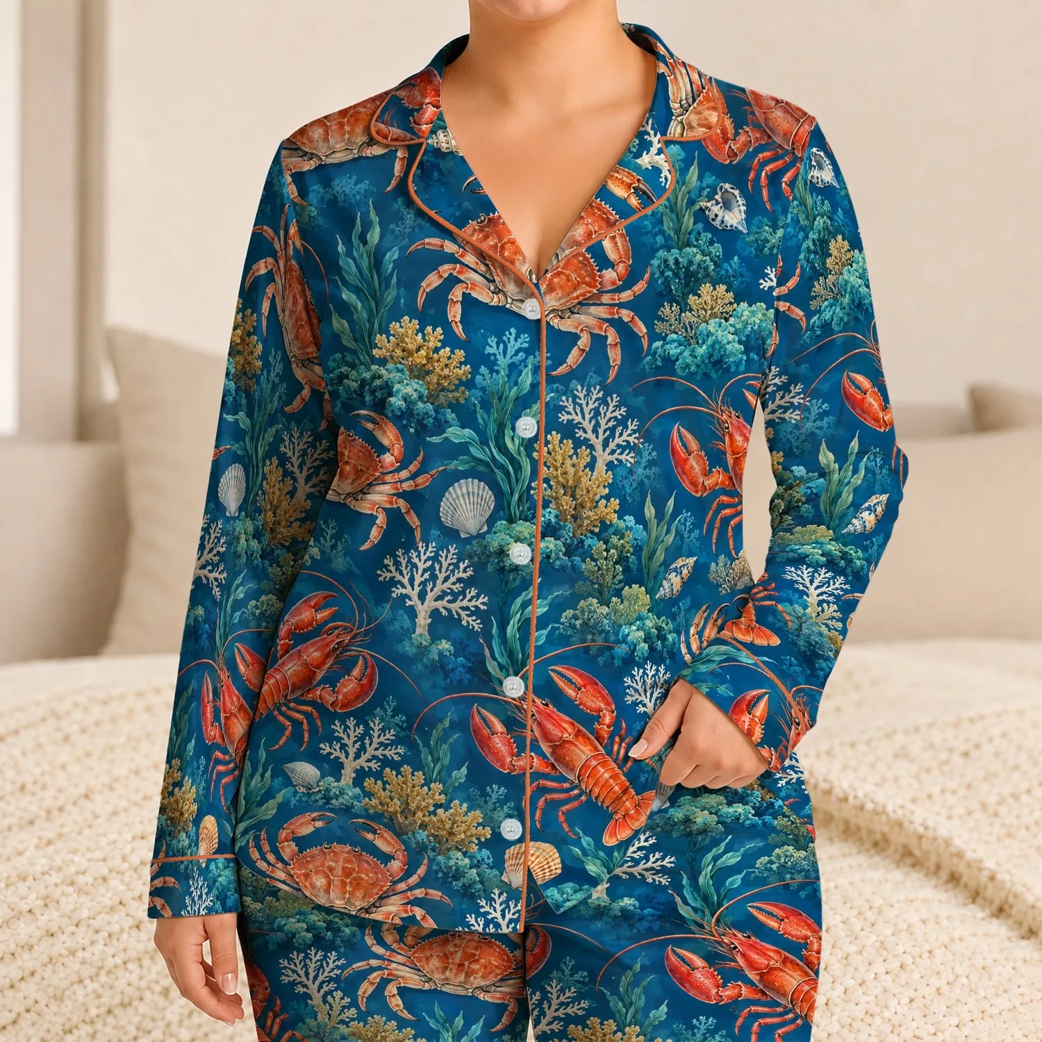 Lobster And Crab Ocean Reef For Coastal Getaways And Relaxed Summer Living By The Sea Satin Pajamas Set - 1