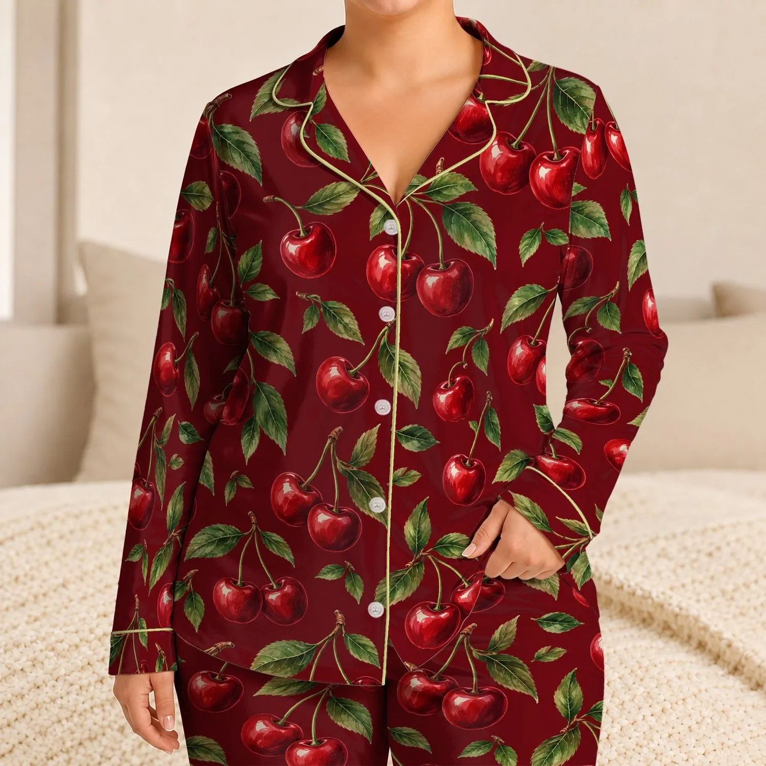 Red Cherry and Green Leaf Motif for Relaxed Summer Lounging and Beach Days Satin Pajamas Set - 1